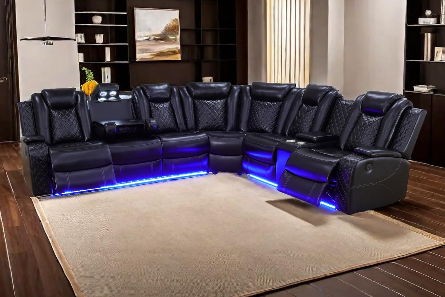 A Ainehome Power Recliner Set, Leather Sectional Sofa Set for Living Room, Home Theater, with LED Lights, Cup Holder, Hide-Away Storage, Wireless Charging(A-Black)