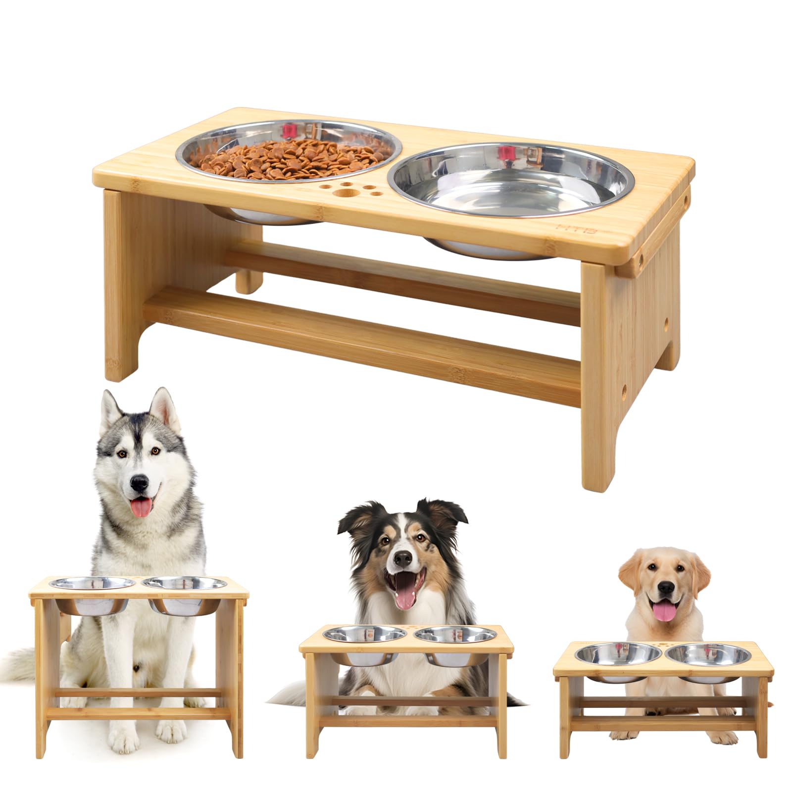 HTB Erhhte Hundenpfe fr groe Hunde, Bambus Erhhte Hundenapfstnder mit  2 Edelstahlschsseln fr kleine mittelgroe Hunde und Haustiere -  44x24x18cm : Amazon.de: Haustier