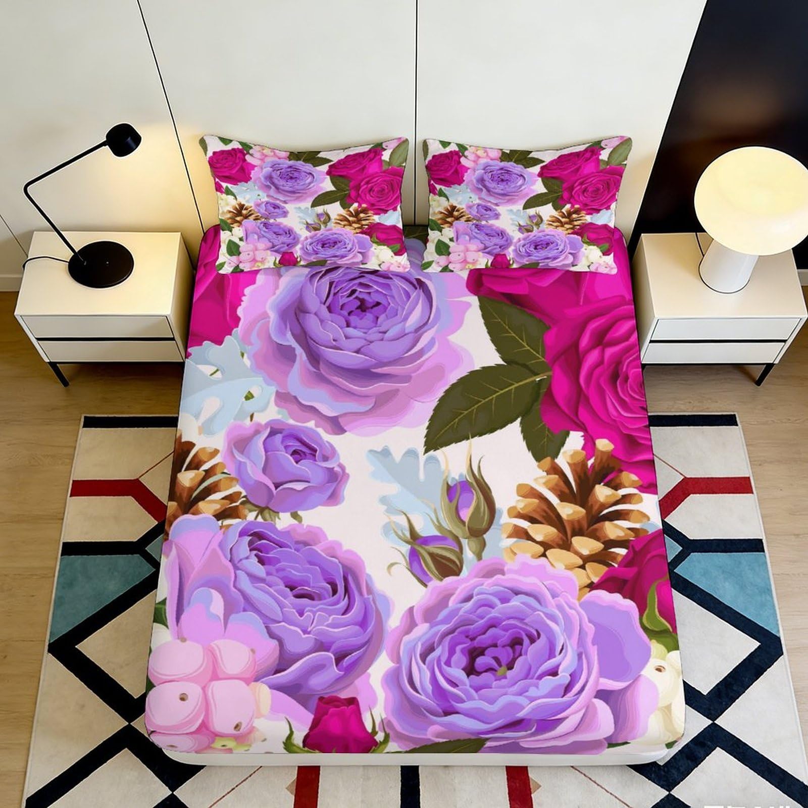 Kzqnxhjprl Style-4 3D Printed Purple Rose Fitted Sheet Microfiber Soft Floral Pinecone Mattress Cover For Bedroom Guest Room Decor 90X200x25cm