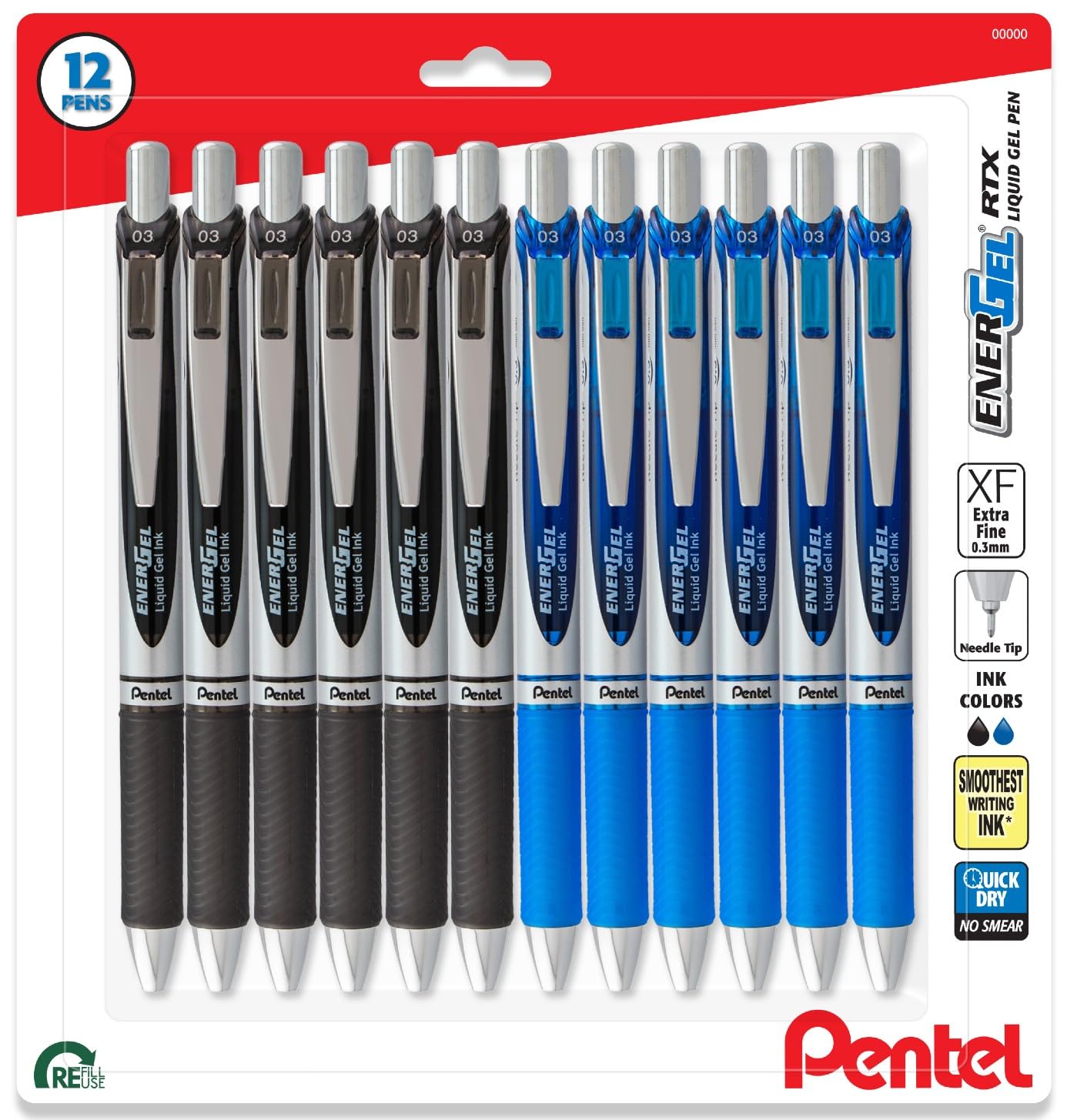 Pentel Energel 0.3mm Extra Fine Point Rtx Retractable Needle Tip Pen - 6 Black & 6 Blue - pack of 12