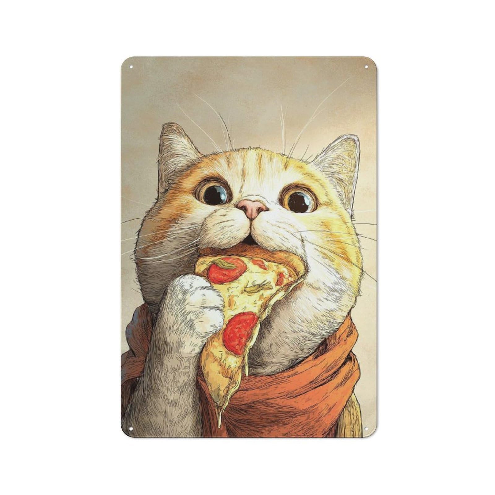 Junmoney Style-18 Tin Wall Plaque 30X20cm With Cat Eating Pizza Slice Illustration For Home Office Or Studio, For Metal Sign Collectors, For Garage And Workshop Walls