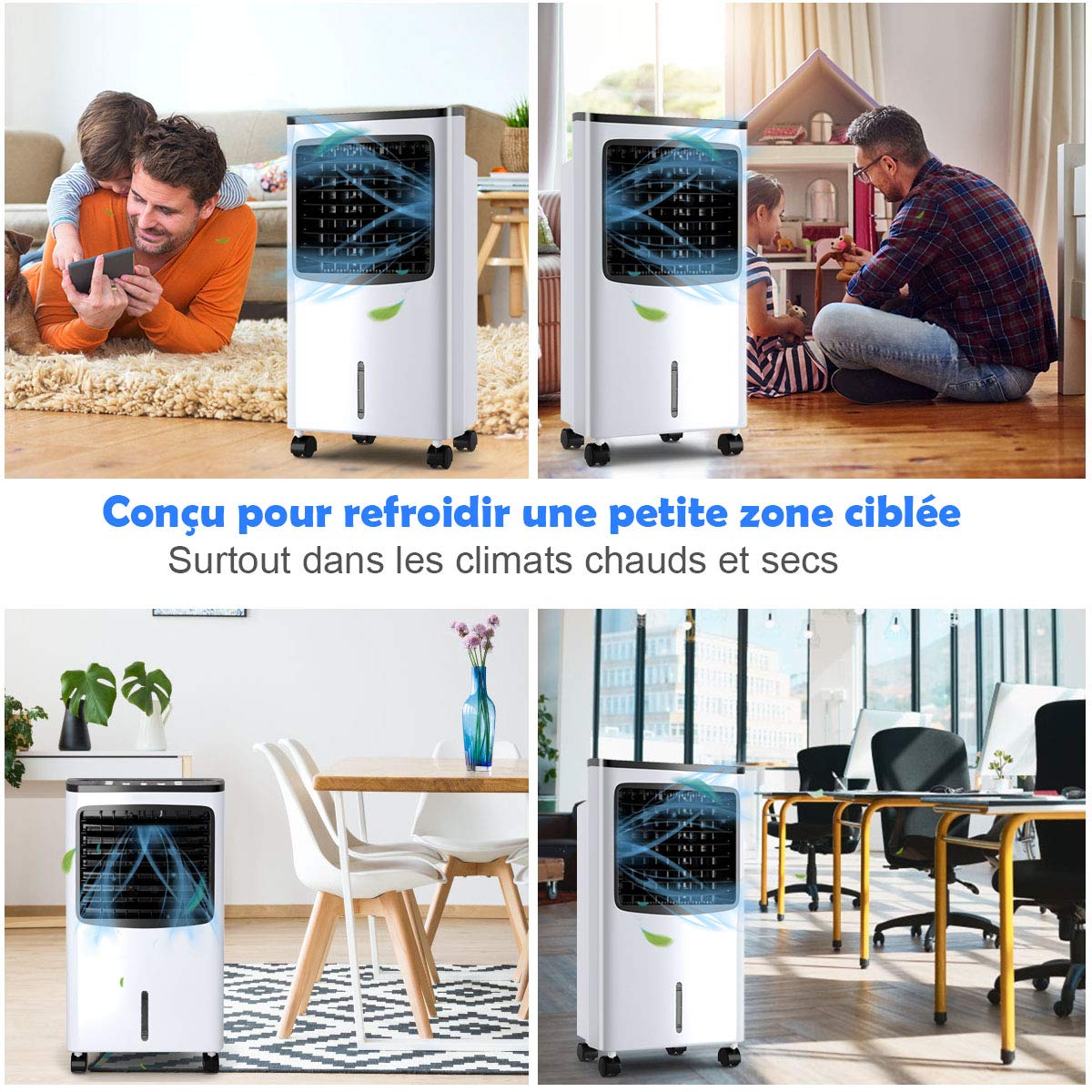 COSTWAY Rafraîchisseur d'Air Silencieux 4 EN 1,Climatiseur Mobile sans Évacuation 8L,Refroidissement,Humidificateur,Auto-Oscillation 70°,Minuterie 8H,2 Pain de Glace,Mini Clim Faible Conso