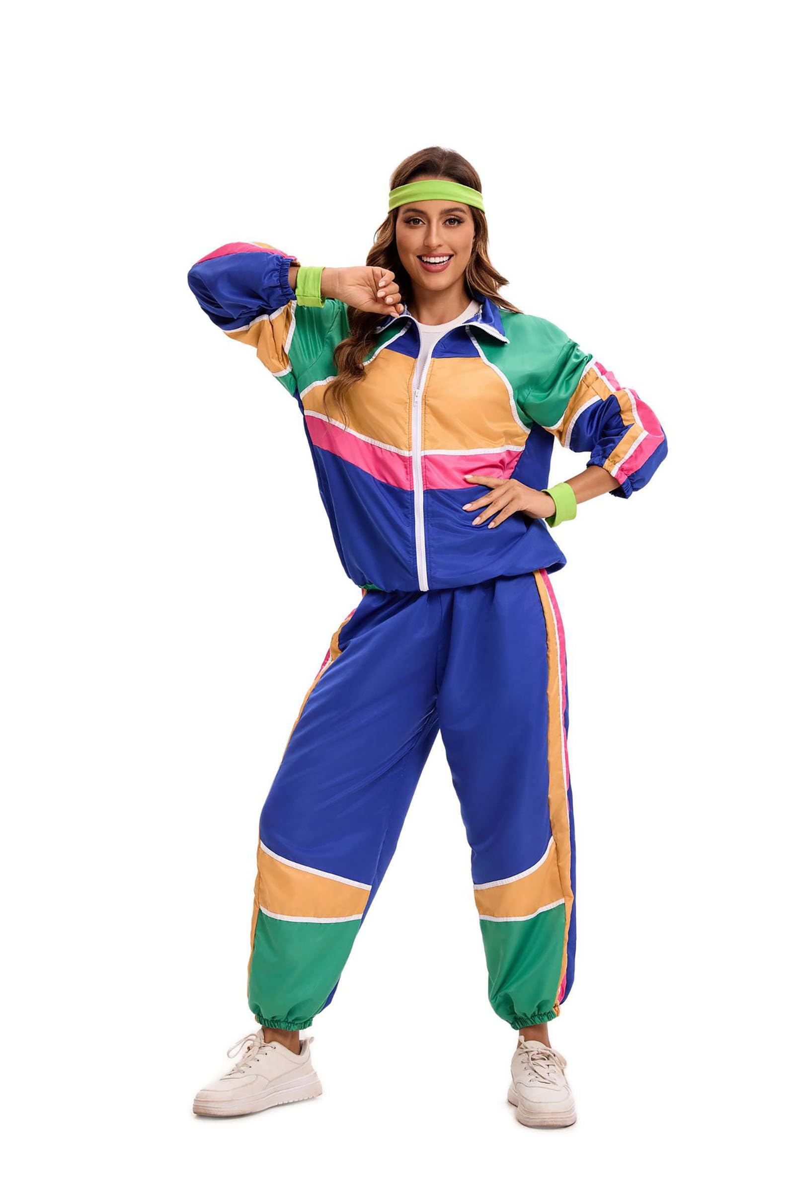 Velcoxplay 80s Costume Women's Tracksuit Disco, 80s 90s Retro Suit Jacket Trousers Suit Style Jogging Suit for Carnival Fancy Dress Costume Green S