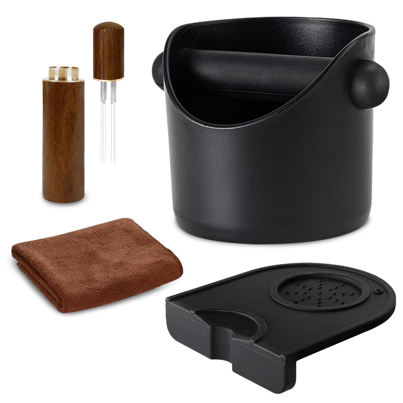 Espresso Knock Box with Accessories - 4.4 Inch Coffee Grounds Bin with Removable Knock Bar, Non-Slip Base, Stirring Needle & Cleaning Towel | Barista Coffee Machine Accessories (Black)