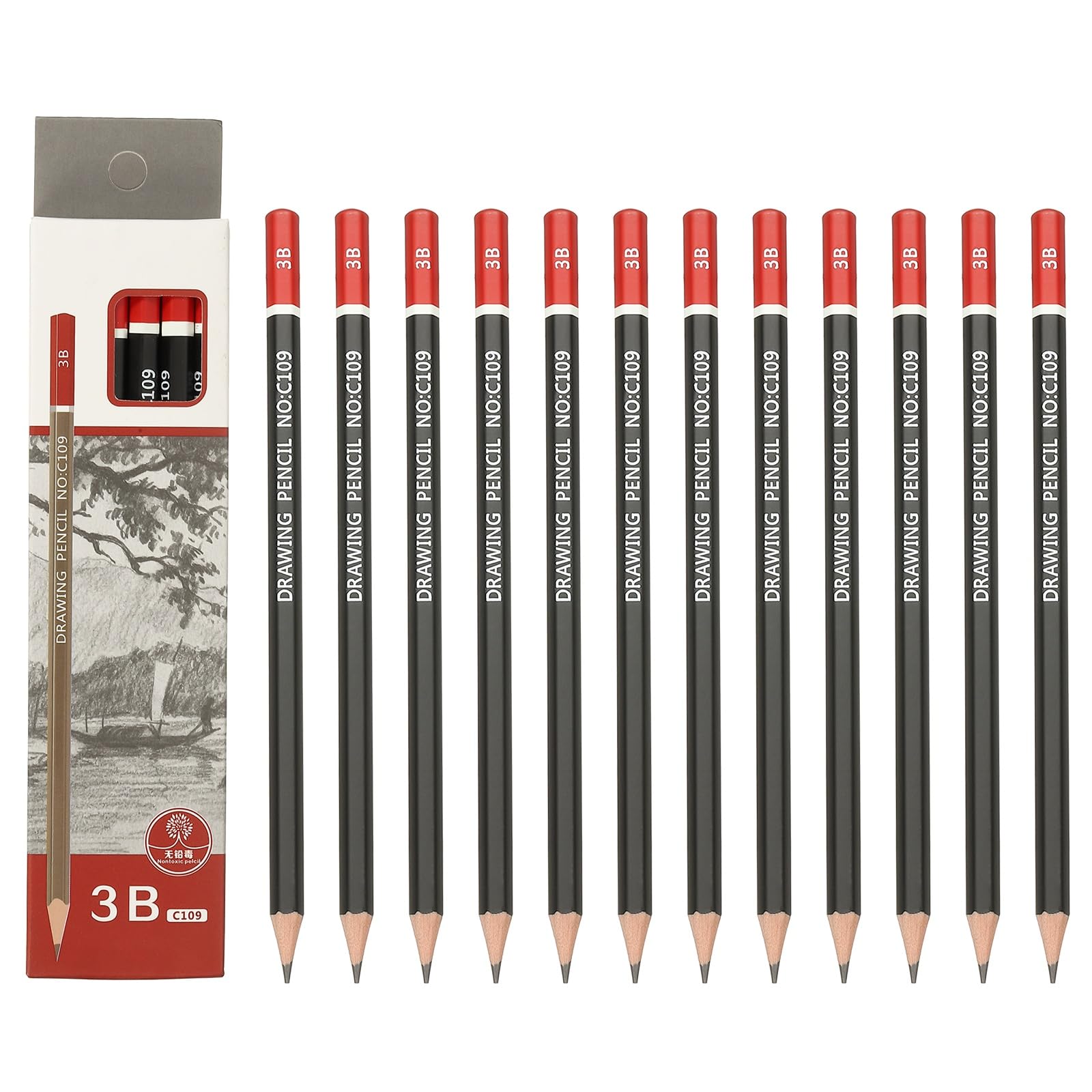 PATIKIL 24Pcs 3B Drawing Pencils for Sketching, Hexagonal Pre-sharpened Sketch Pencils for Drawing Writing Art Sketching Artists Beginners, Red/Black
