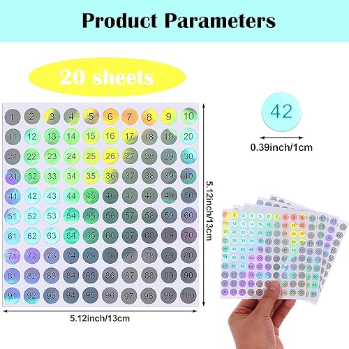 Miniatura 3 de RIVEENY 20 hojas de 1 a 100 adhesivos reflectantes láser pequeños redondos con números consecutivos autoadhesivos para almacenamiento de inventario,