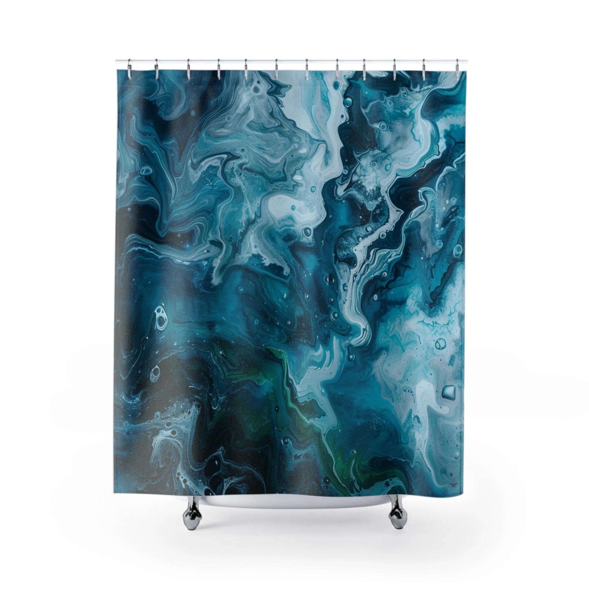 Rideau de douche bleu abstrait au design moderne pour habiller votre baignoire
