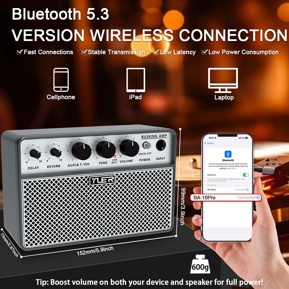 Yuer BA-10Pro 10W Acoustic Guitar Amp, Portable Vocal & Guitar Amplifier with Digital Delay/Reverb Effect Headphone Jack/OTG Wireless Small Guitars Amp for Recording, Practice, Travel with Carry Bag