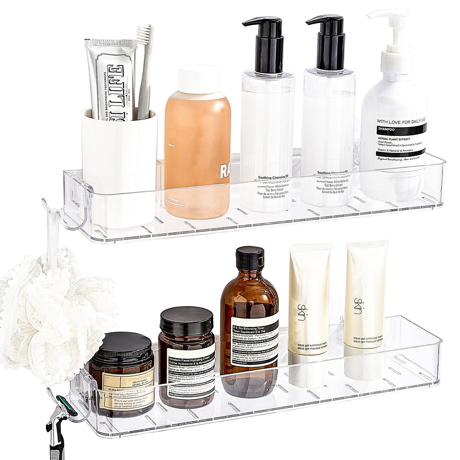 CQUNM 2 Pack Acrylic Shower Shelves Clear Bathroom Tray with Hooks Adhesive Wall Mount Shower Caddy Organizer for
