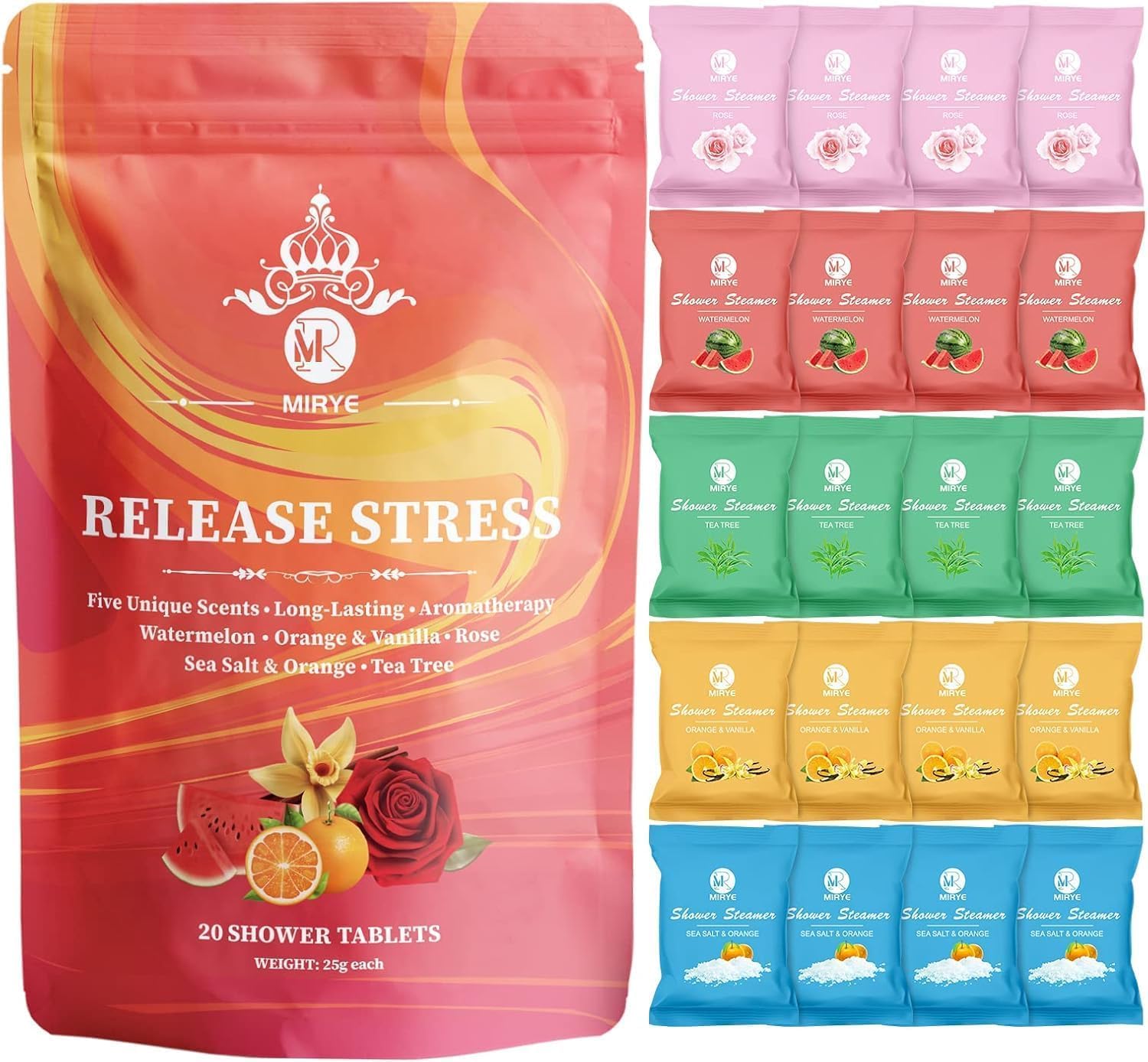 MR MIRYE Shower Steamers Aromatherapy - 20 Pack Shower Bombs Aromatherapy Birthday Gifts for Women, Organic Watermelon, Orange & Vanilla, Sea Salt & Orange, Rose, Tea Tree, Gift for Women