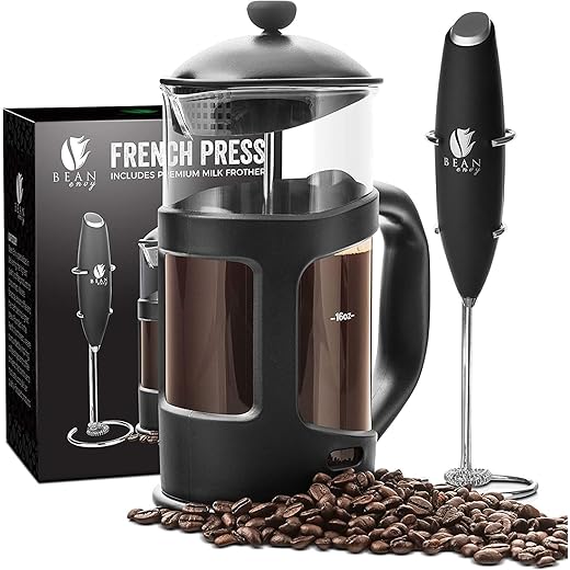 Bean Envy French Press Coffee Maker and Milk Frother Set with 4 level Filtration System|Glass Carafe Coffee Press & Drink Mixer Duo w/Stainless Steel Stand (Black, 1L)