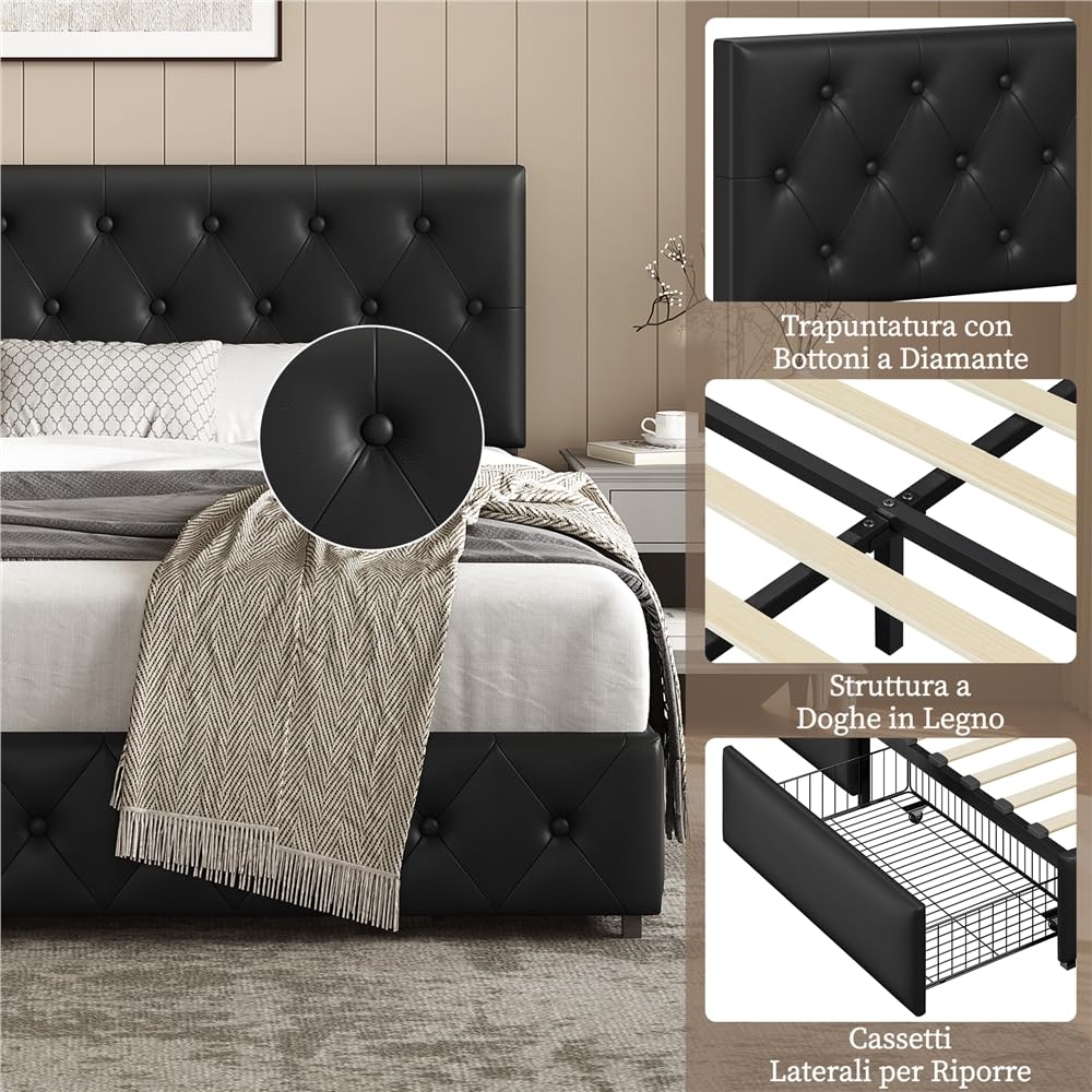 Yaheetech Letto Matrimoniale Imbottito con 2 Cassetti