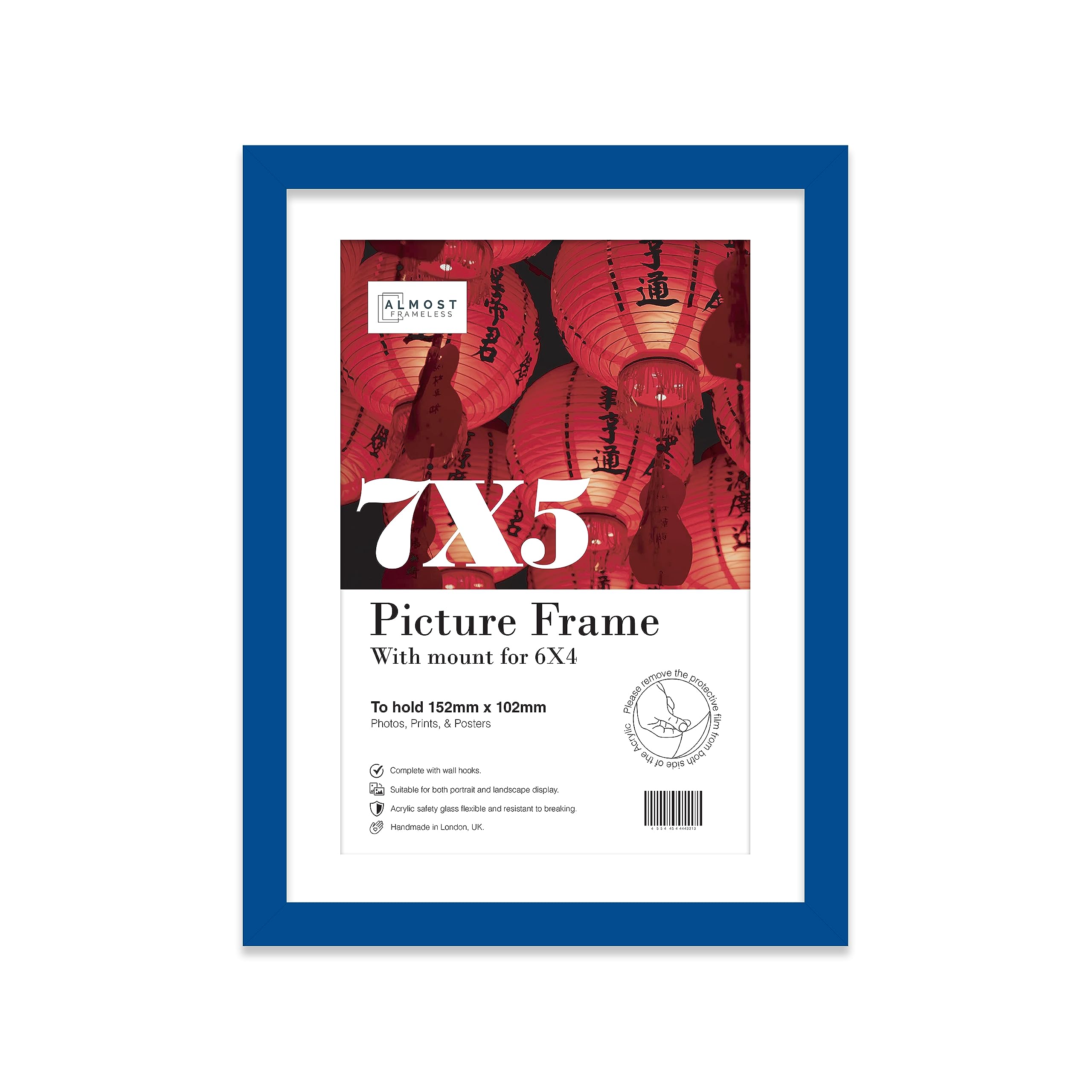 Almost Frameless 7x5 Blue Picture Frame With Mount for 6x4 Print, Poster or Photo Poster, Photo, Artwork, or Print. Thin Edge Slim Frame Portrait and Landscape Display with Wall Hooks