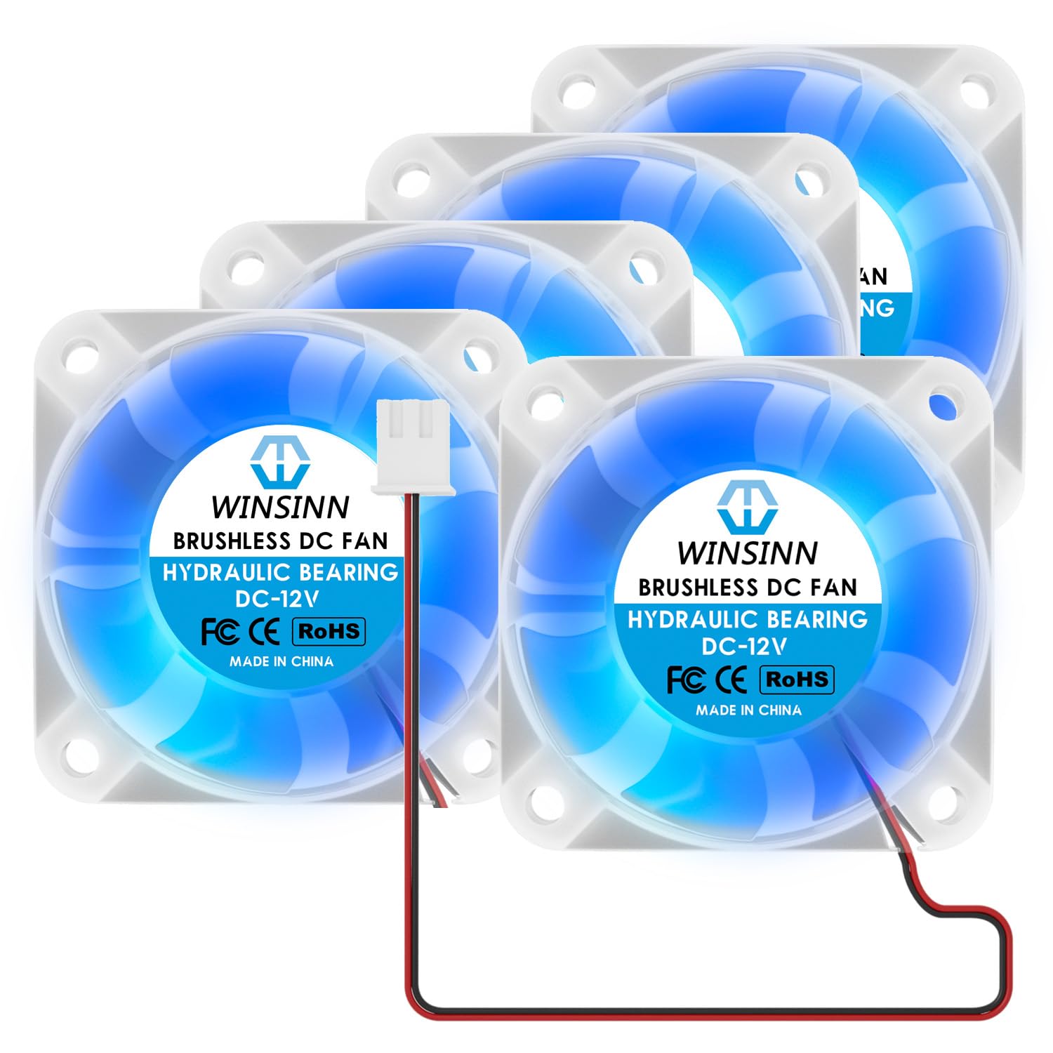 WINSINN 40mm Fan 12V LED Blue, 3D Printer Micro 12 Volt Fans 4010 Hydraulic Bearing, Brushless Cooling 40mmx10mm 2PIN for DVR PC CPU (Pack of 5Pcs)