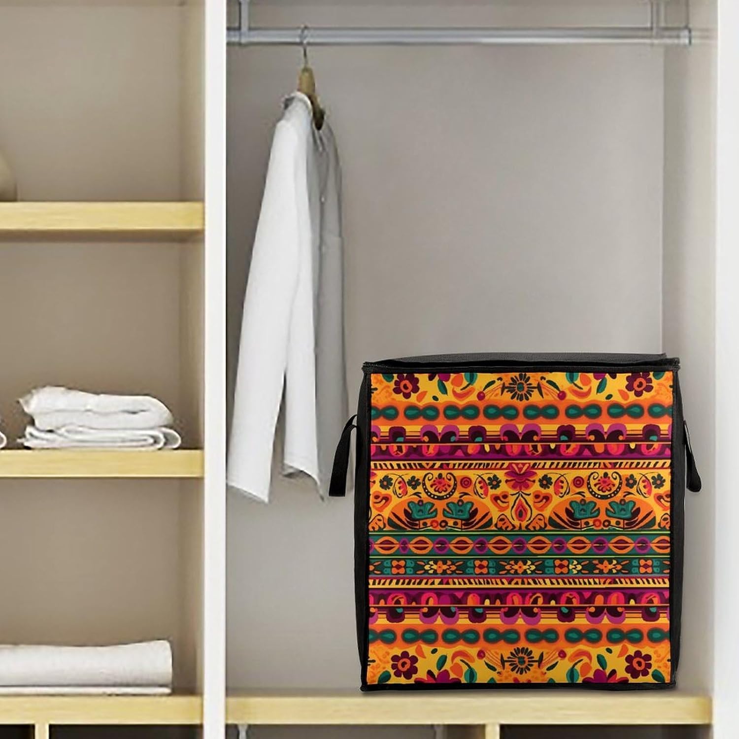 Mexican Folk Art Boho Storage Bag with Zippers And Handle Extra Large Bedding Comforter Storage Bag Foldable Blanket Storage Bags Fabric Moving Bags for Closet Organizer (70L)
