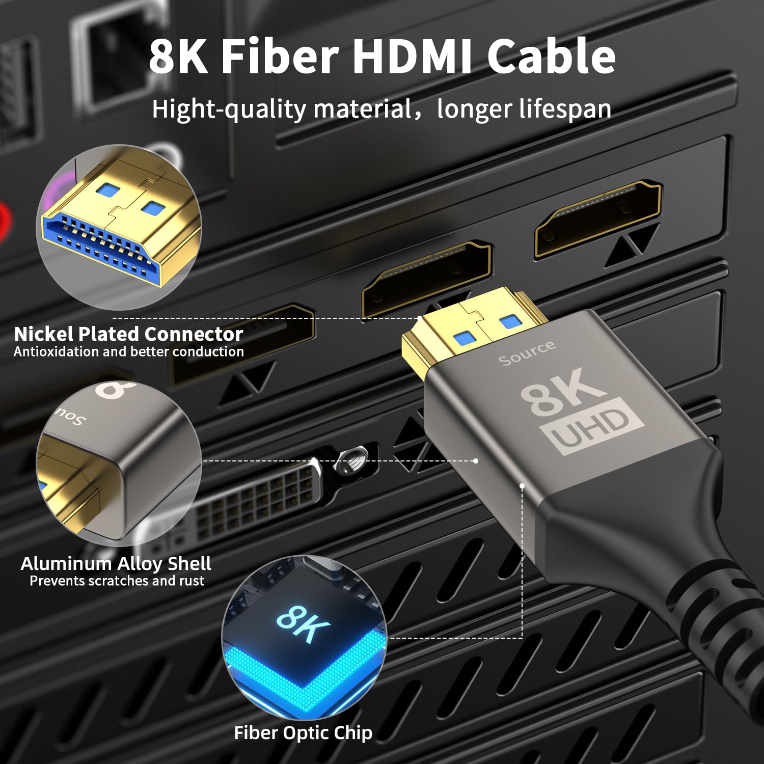 Cavo HDMI 2.1 ultra ad alta velocità 8k da 30,5 m, cavo HDMI 2.1 8K @ 60Hz 4K @ 120HZ 48Gbps cavo HDMI unidirezionale Supporto HDTV, monitor portatile, PS5, Xbox, HDCP 2.2 e 2.3, HDR10, eARC