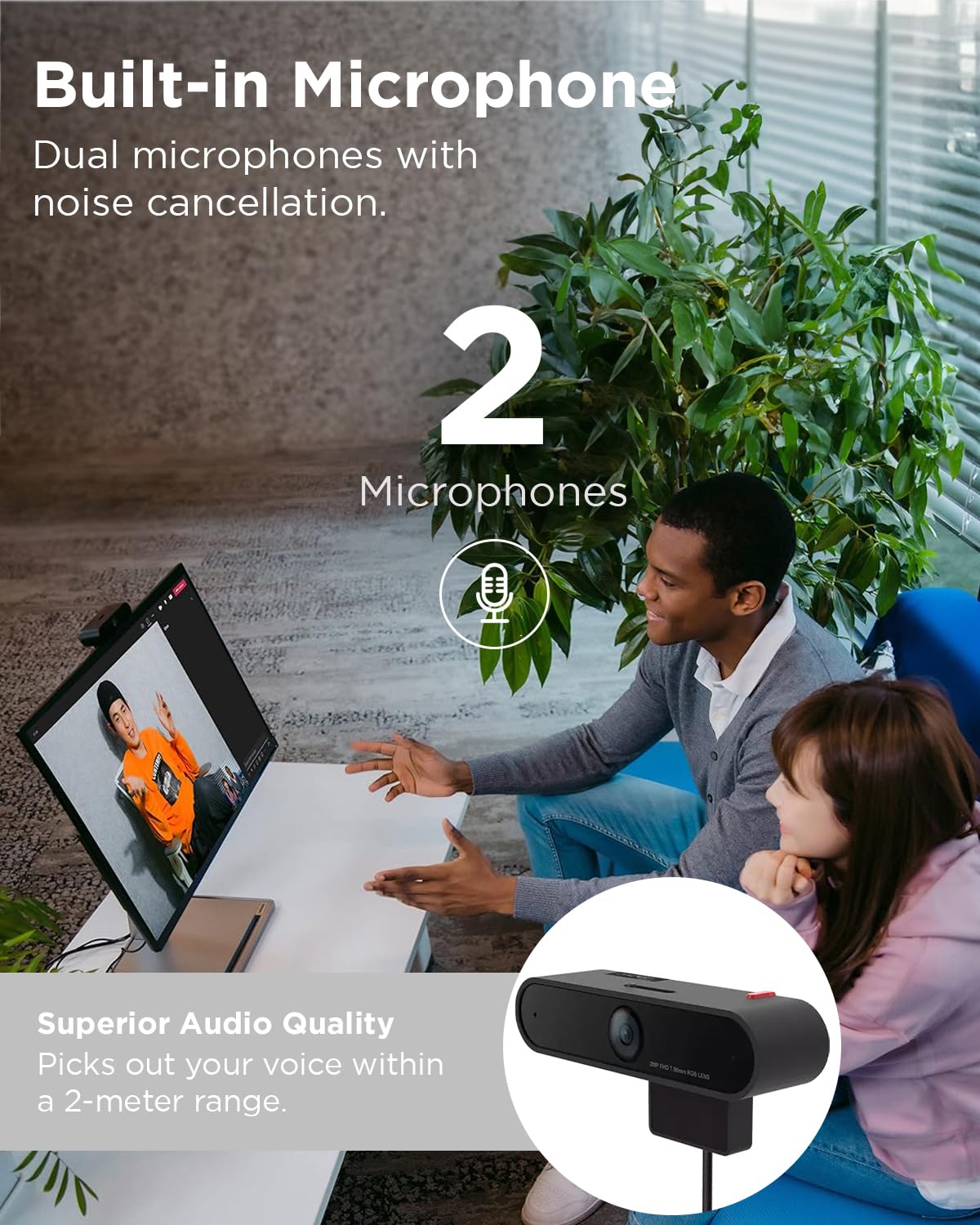 Lenovo Webcam LC50, 1080p, doppio microfono e cancellazione del rumore, attacco magnetico, otturatore per la privacy integrato