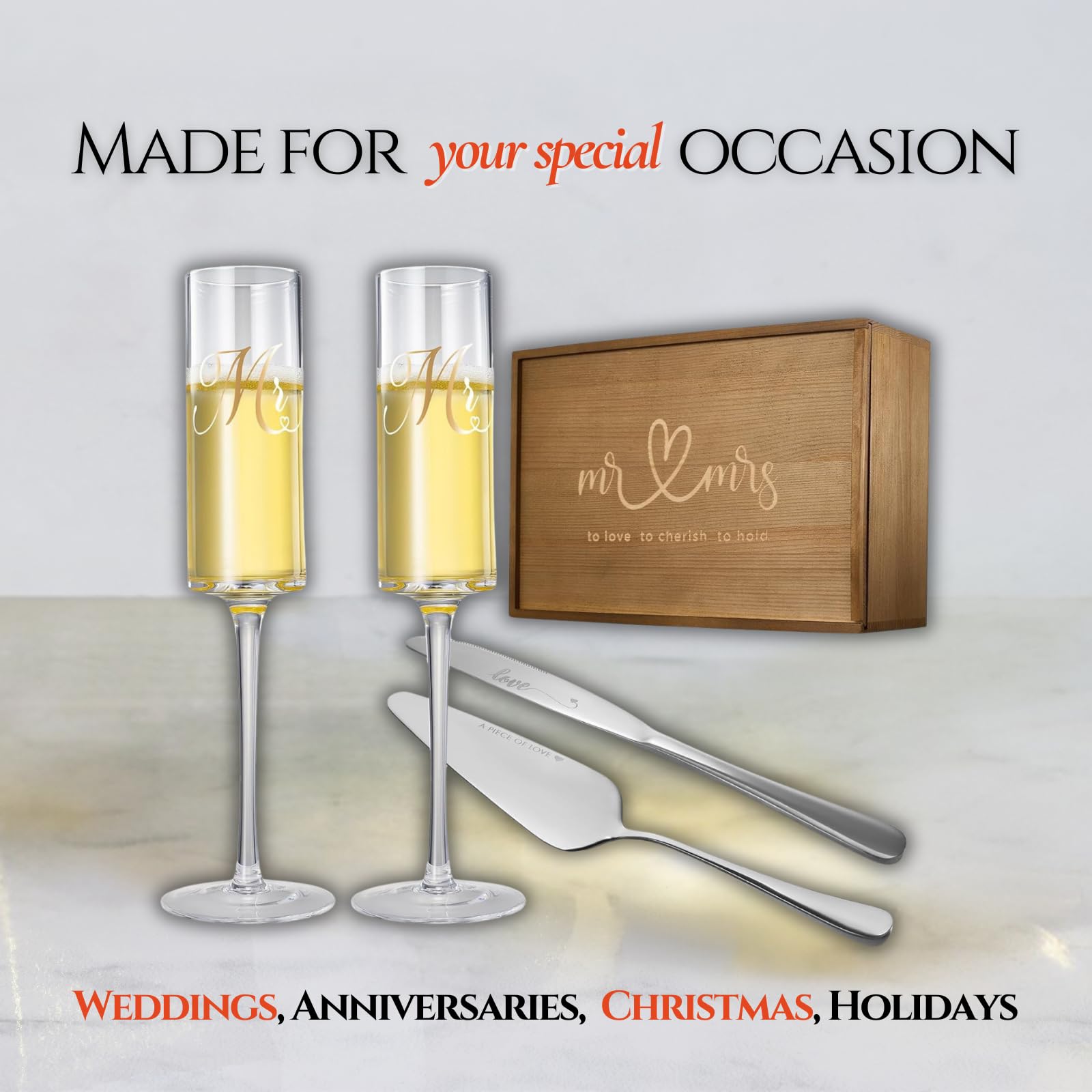 Ensemble de flûtes à champagne, couteau à tarte et pelle à gâteau avec boîte à mémoire en bois, cadeau de mariage Mr & Mrs en cristal, cadeau de mariage, fête prénuptiale, anniversaire, fiançailles,