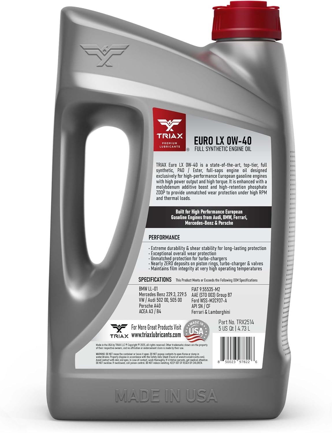 Triax Euro LX 0W-40 Full Synthetic, 20K Miles, Extreme Performance OEM Grade, Compatible with A3/B4, VW502.00, BMW LL-01, 229.5, Porsche A30 (5 Quart)