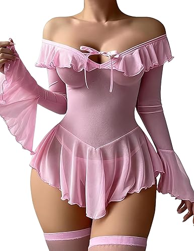 Avidlove Sexy Lingerie Babydoll Rave Ruffle Dress Outfits For Women XS-3XL | Off Shoulder Lingerie, Long Sleeve Lingerie Dress, Mesh Nightgowns, 2 Piece Set, Lingerie Dress Top with Thong, Rave Outfits - Small - Pink