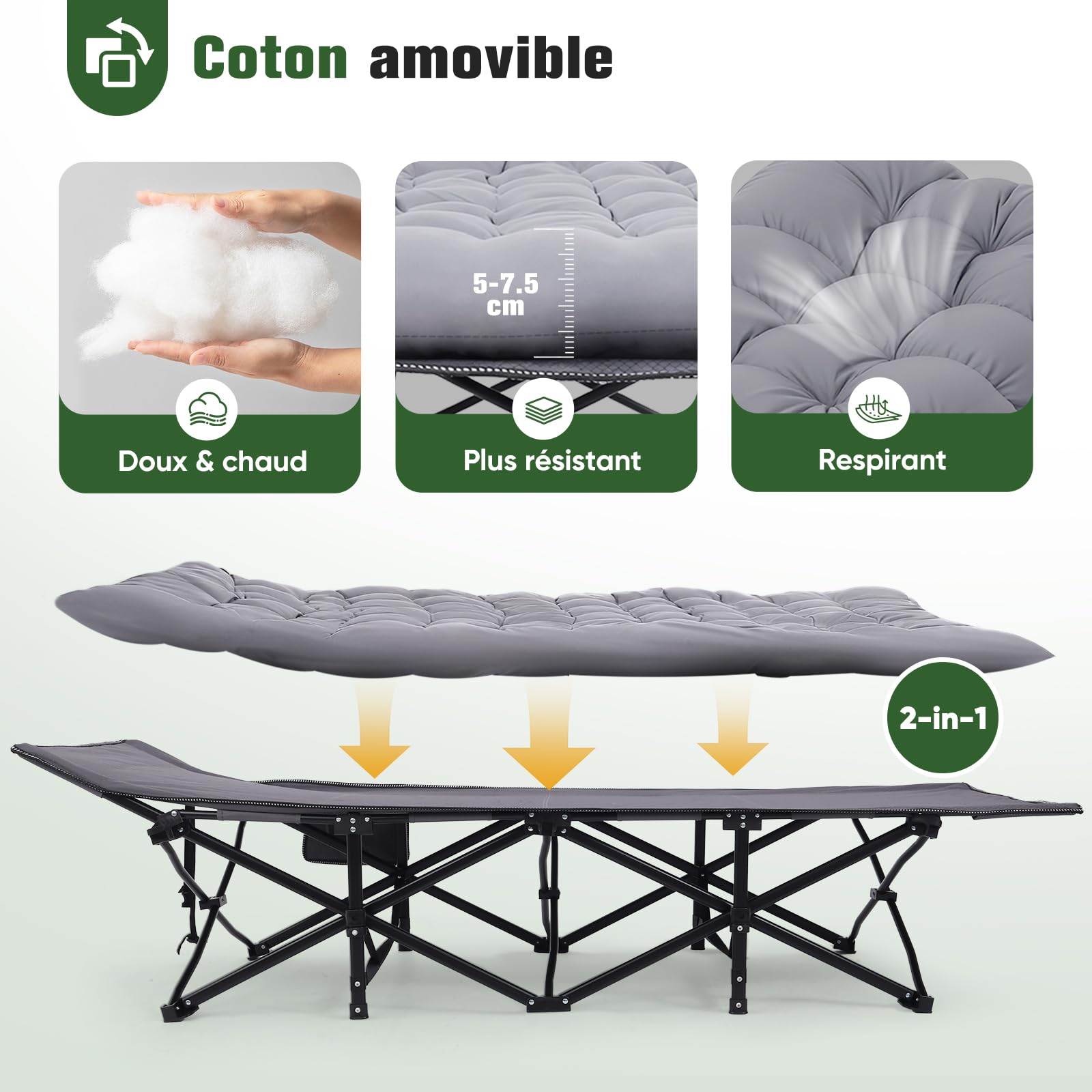 Sekey Lit de Camp Pliable XXL 190 x 71 x 35 cm surdimensionné avec Matelas, Tubes en Acier renforcés et Tissu Oxford de qualité supérieure - Idéal comme lit d'invité pour Le Jardin et Le Camping
