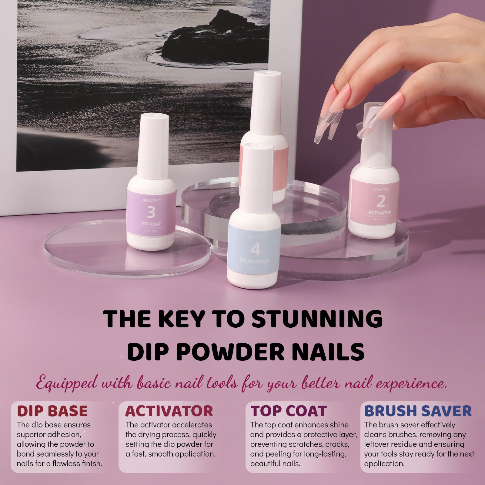 Aokitec Juego de 14 uñas en polvo de inmersión, color rosa magenta y polvo acrílico con base de inmersión activador para brochas, set de iniciación para uñas