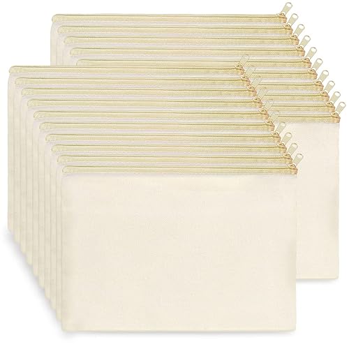 Vista 17 de Koolmox Bolsas de cosméticos a granel, 20 bolsas de maquillaje multiusos con cremallera, bolsa de lápices de lona, bolsa de lona beige a granel