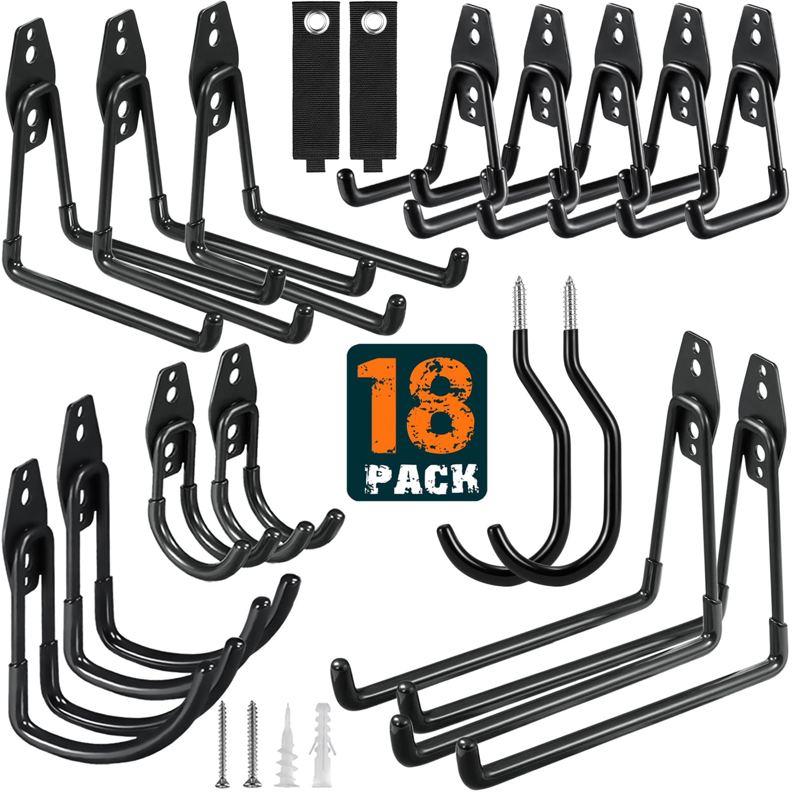 Garage Hooks Heavy Duty Utility Steel with Anti-Slip Coating Wall Mount Storage Organizer for Hanging Power and Garden Tools, Ladders, Hose, Bikes, Ropes, Bulk Items, and More (18 Pack Black)