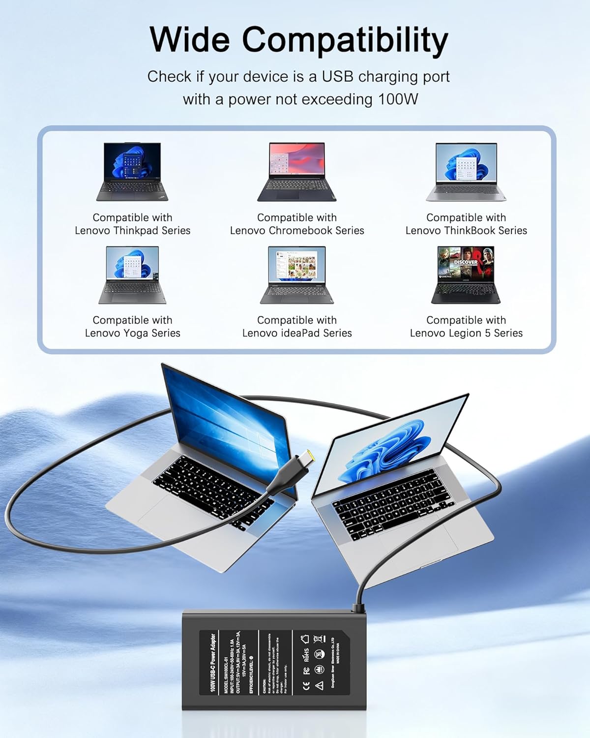 100W USB C Charger Compatible with Lenovo Legion Go S, Yoga Pro/Slim 7 9, IdeaPad Pro/Slim 5 7 9, ThinkBook 14 16 14p, ThinkPad P16s T16 T15 E16 E14 L15, Type C Laptop Power Adapter