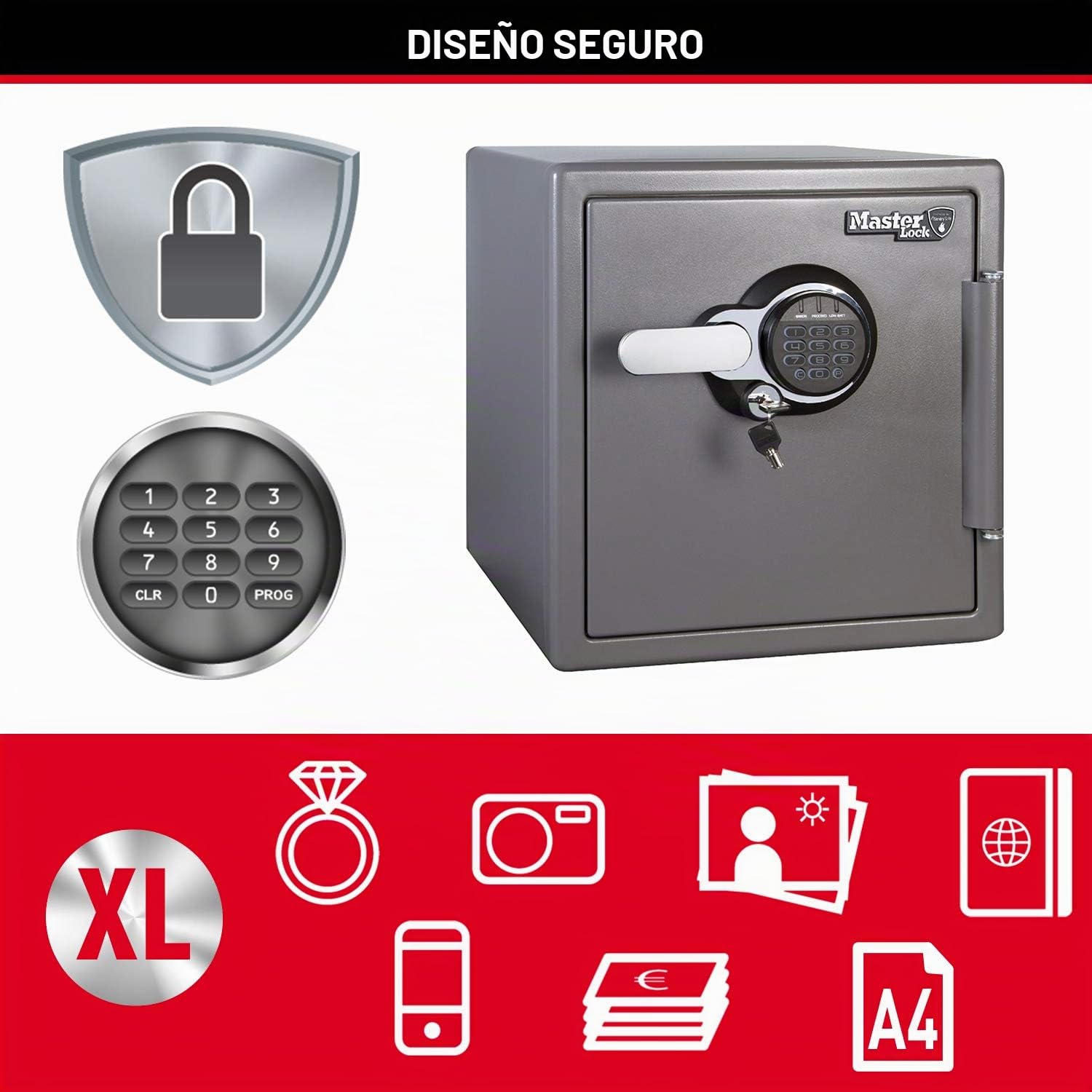 Master Lock Caja Fuerte de Seguridad, Ignifuga y Resistente al Agua, llave y Combinación Digital, Xlarge 33,6L - LTW123GTC