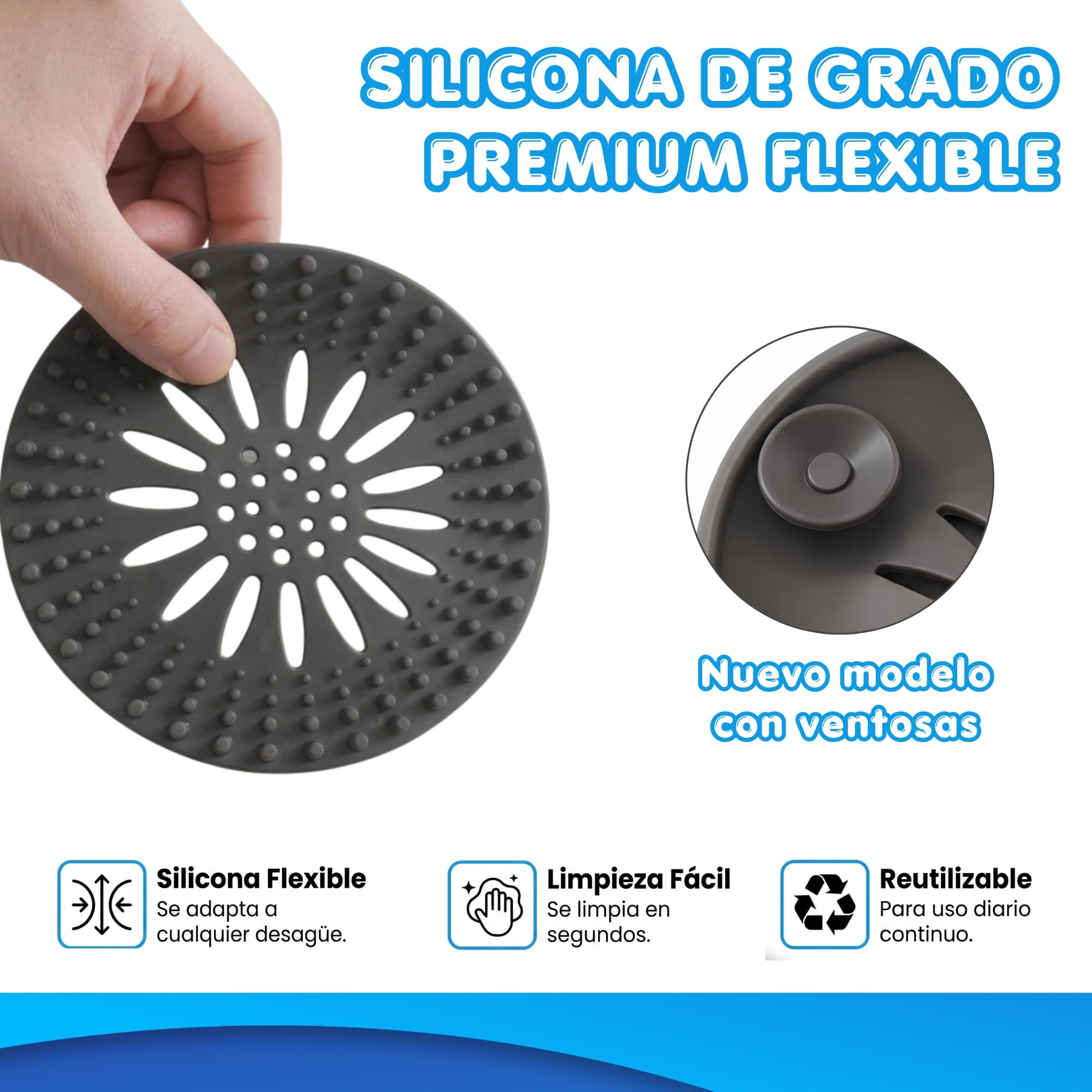 Atrapa Pelos Ducha | Rejilla Desague Ducha | Pack de 2 Unidades Color Gris con Ventosas | Filtro Desague para Bañera y Fregadero | para Evitar Cucarachas y Atascos.