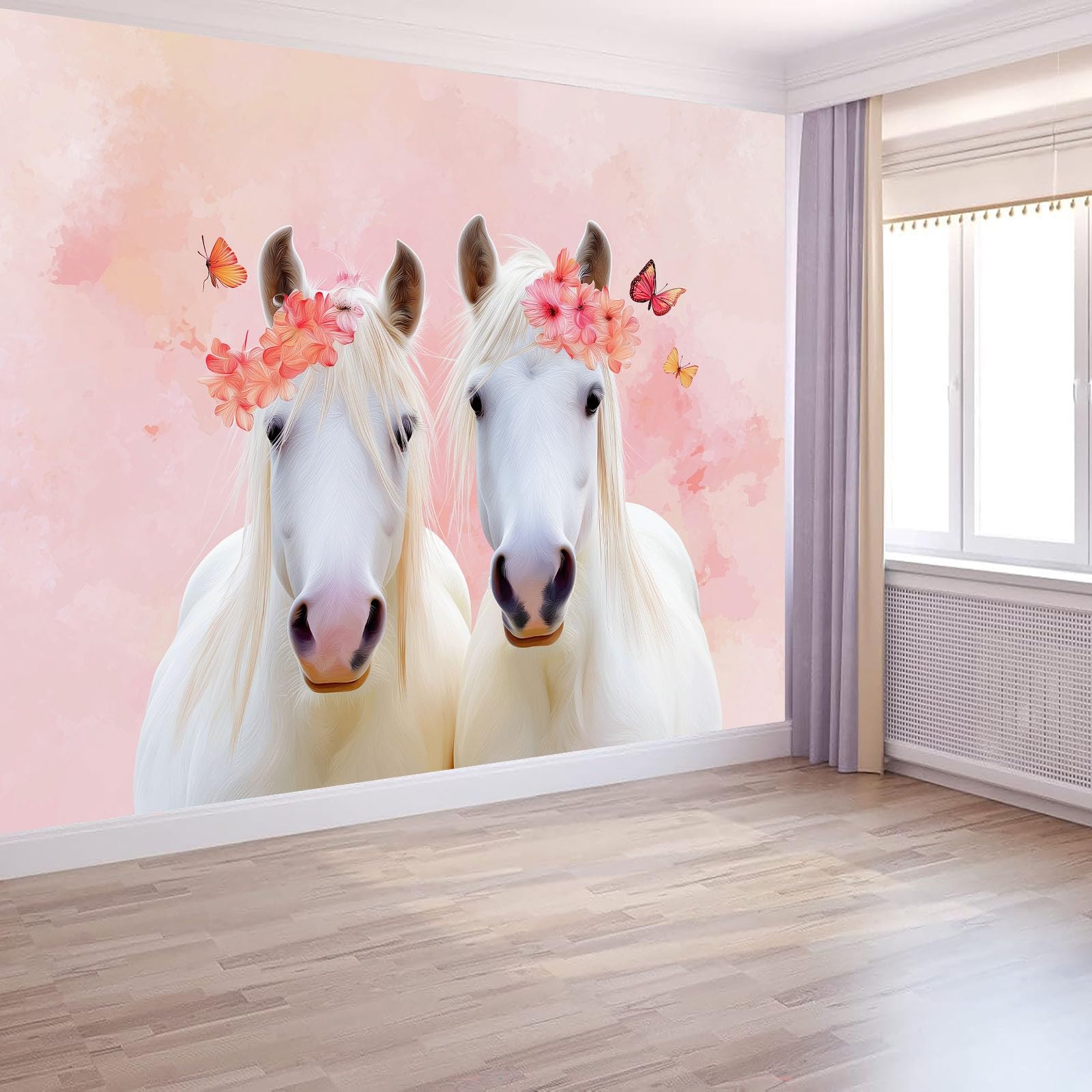 Artystyczna fototapeta 3D zwierzę biały koń różowe kwiaty włóknina mural, marzycielskie zwierzęta salon sypialnia tapeta dekoracja - 250 x 175 cm fototapeta - salon sofa tło telewizora
