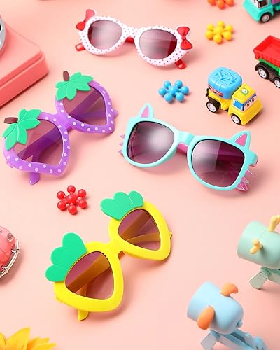 Miniatura 6 de Weewooday 12 pares de lentes de sol para niños, diseño de fresa, gato, flor, corazón, para fiesta, caricatura, para niños