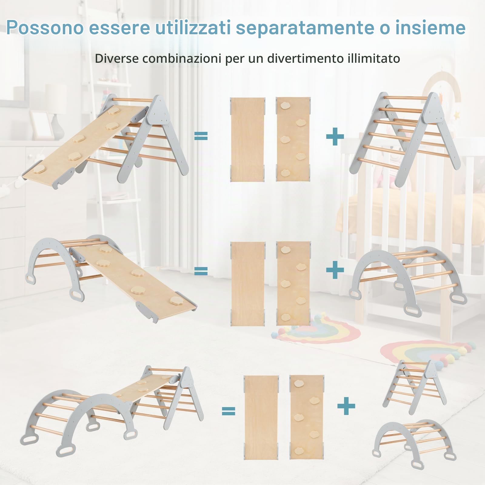 HOMASIS 3 in 1 Triangolo di Arrampicata Multiuso per Bambini, Giocattoli con Scivolo Rampa Arco, Set di Arrampicata per Asilo Nido, Parco Educativo per Bambini di 1+ Anno (Grigio)