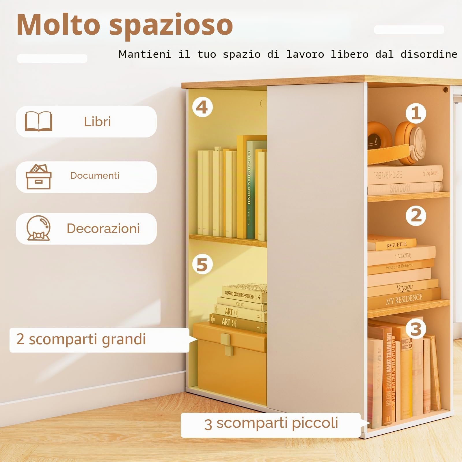 FANTASK Scrivania, 115 x 59 cm, scrivania per computer con vano portaoggetti e telaio in metallo, moderno tavolo da ufficio con 5 ripiani, tavolo per PC per camera da letto, studio (naturale + bianco)