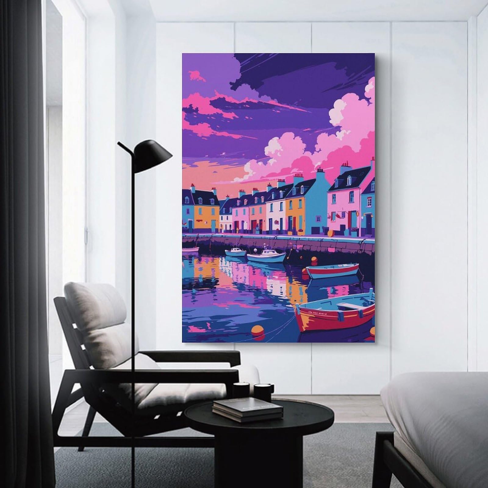 Junmoney Colorful Coastal Town with Boats Hanging Wall Art 16x24inch(40x60cm), for Small Homes, Bedrooms Or Open Spaces, Decorative Canvas Decor for Home Updates