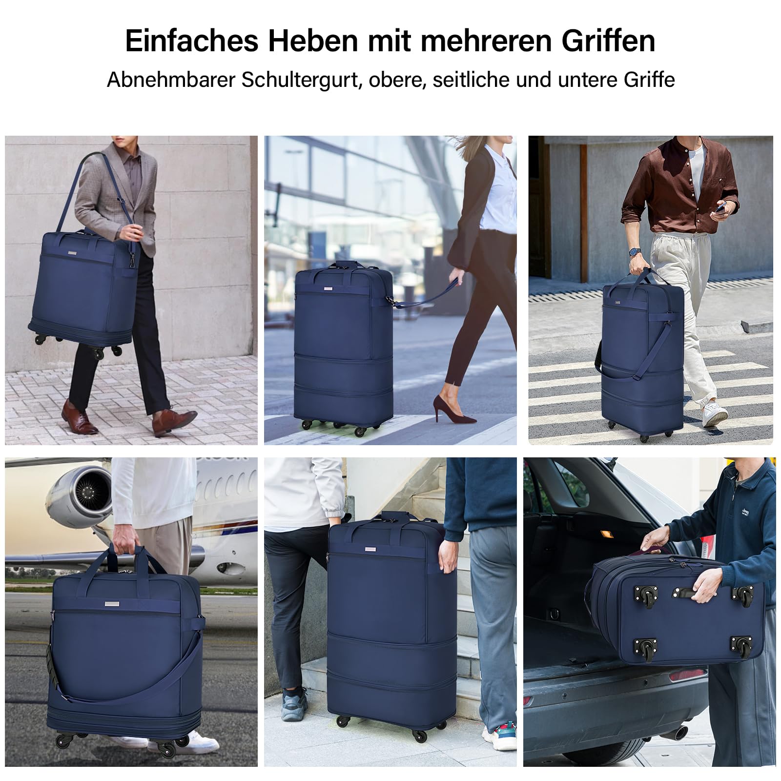 Hanke Faltbarer Reiseduffel mit Rollen Leichter Expandierbarer Reisekoffer im Platzsparenden Ohne Ausfahrbare Griffstange, Blau