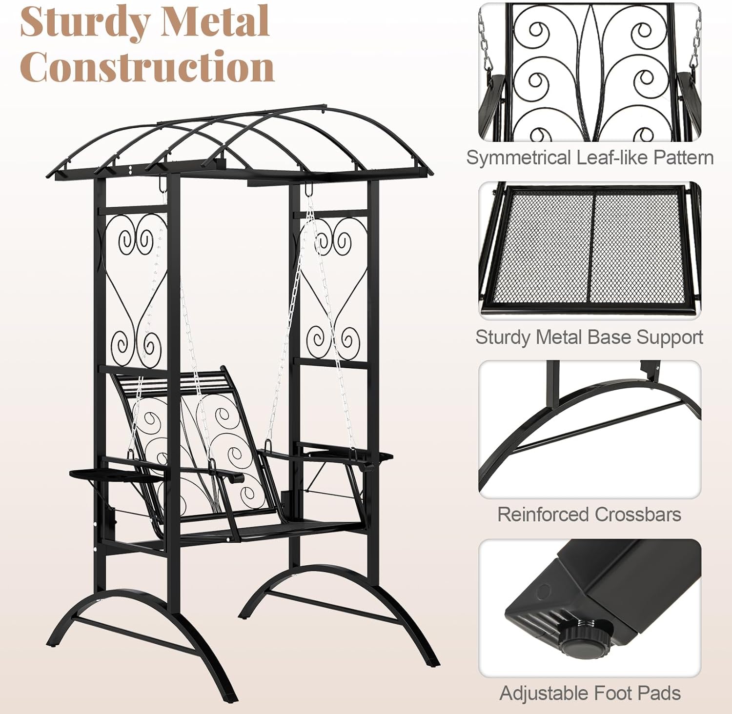 Tangkula Porch Swing with Stand, Outdoor Patio Swing with Heavy-Duty Metal Frame, Arch Trellis, Removable Cushions, Side Tables, Armrests for Garden, Balcony, Backyard and Poolside