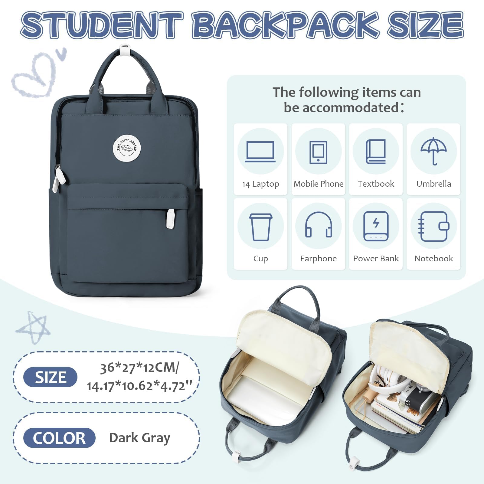 HYC00 Zaino Donna Scuola,Zaino Donna Casual Zaino Scuola Superiore Ragazza Zaino Università Zainetto Cartella, Impermeabile Zaino Porta PC 14 Pollici Zaino per Scuola Media Ragazza Ragazzi Backpack