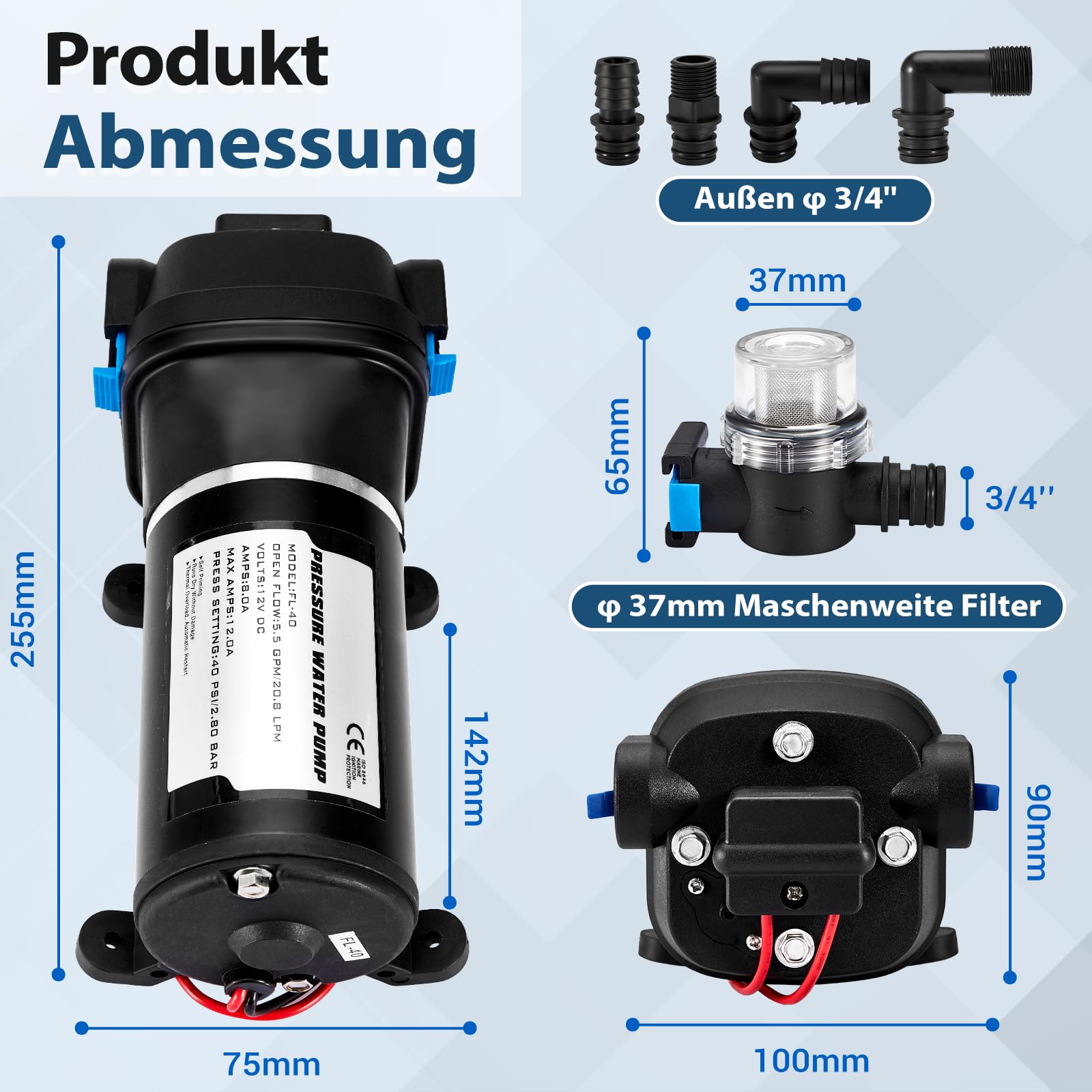 Membran Wasserpumpe 12V, Wasserpumpe Wohnmobil Druckwasserpumpe | Diaphragm Pump DC 20,8 LPM mit Maschenfilter, Arbeitsdruck 40 PSI, Leistung 180W Strom 12A, Wasser Pumpe für Camping RV, Boot