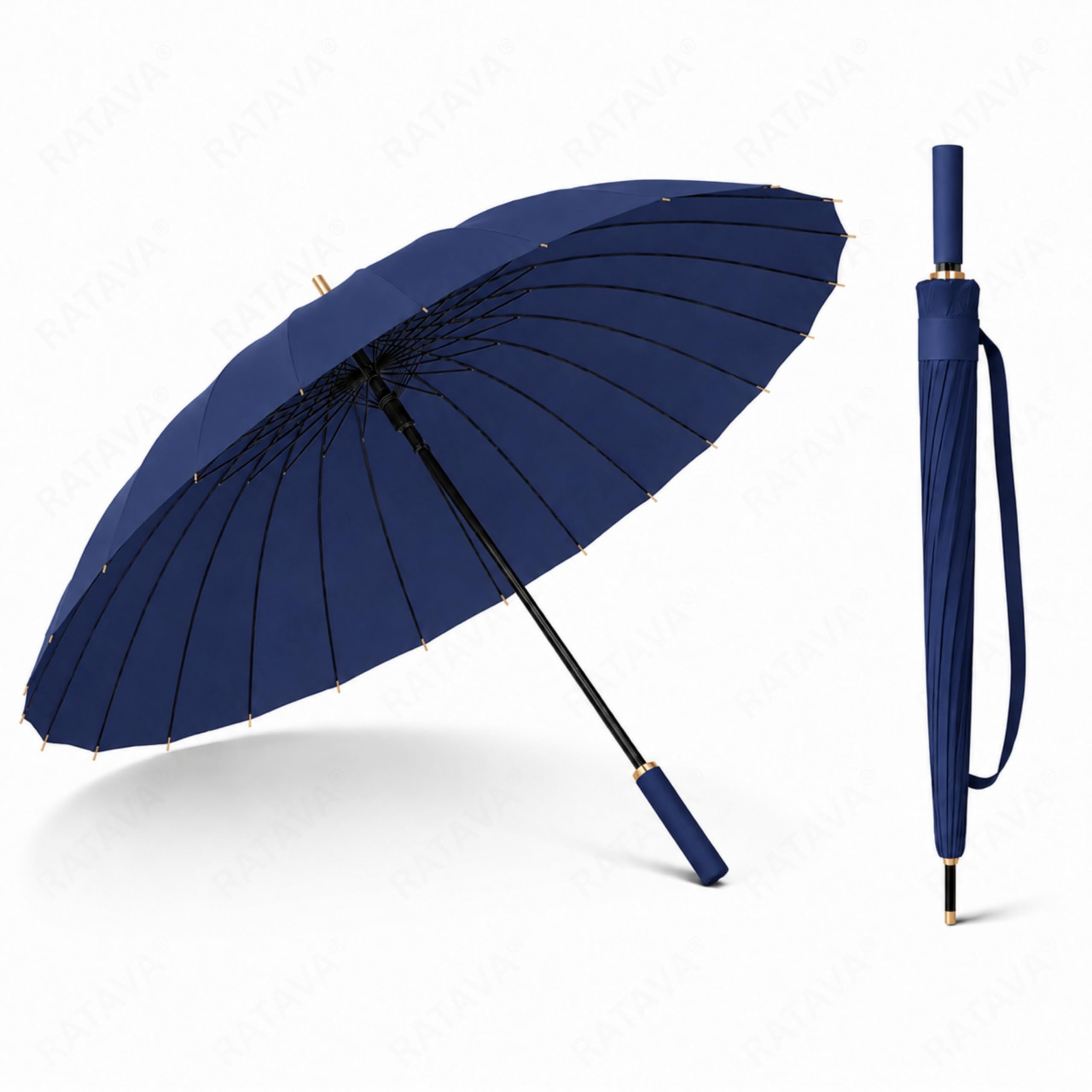 24 Ribs Automatic Open Umbrella for Men & Women, Large Canopy Windproof Waterproof Stick Umbrella with PU Leather Handle, Heavy Duty Black Metal Frame for Travel Office Outdoor Use, (Pack Of 01)-image-47