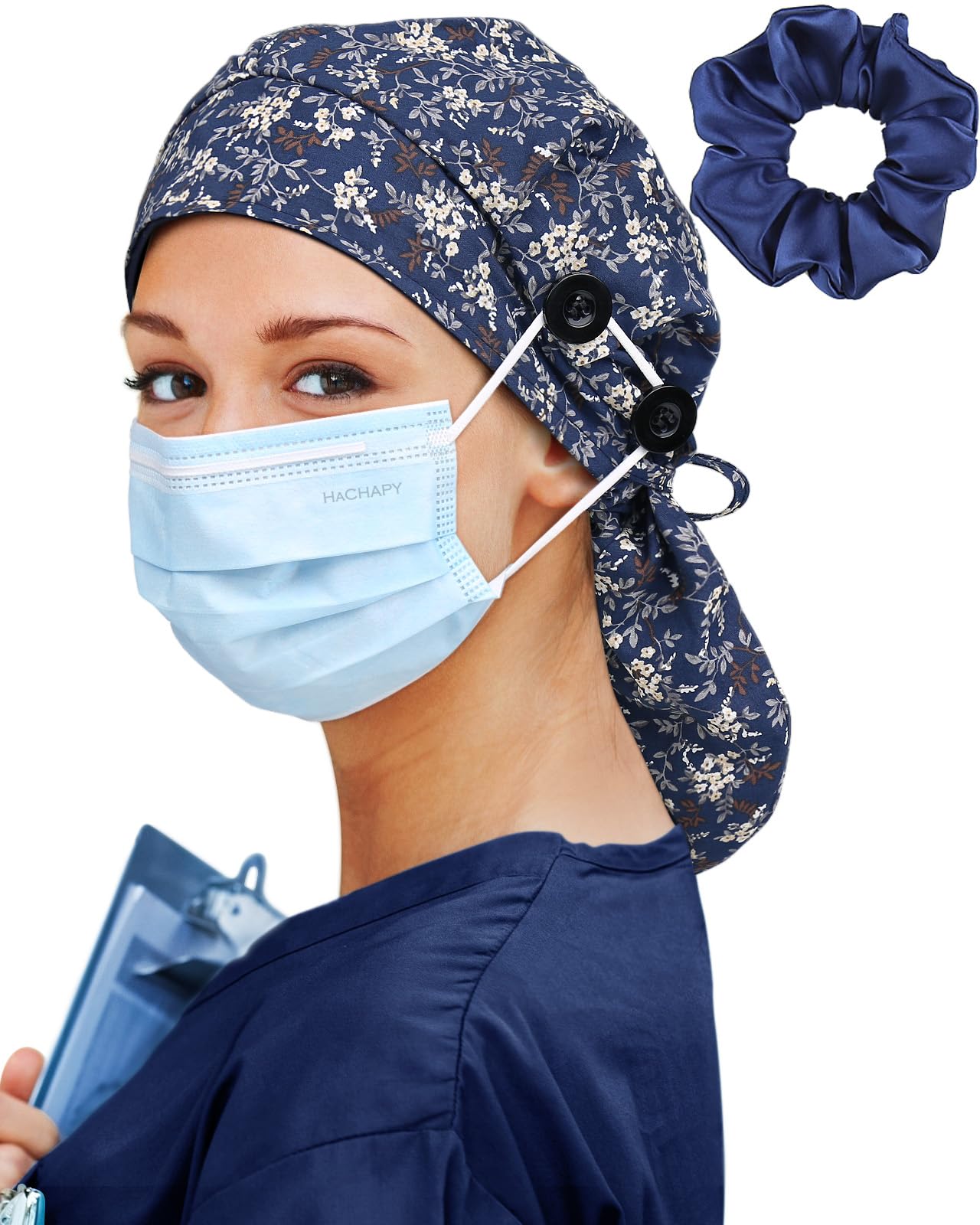 Satin Lined Scrub Cap for Women Extra Large Long Hair Surgical Nurse Cap 4 Buttons
