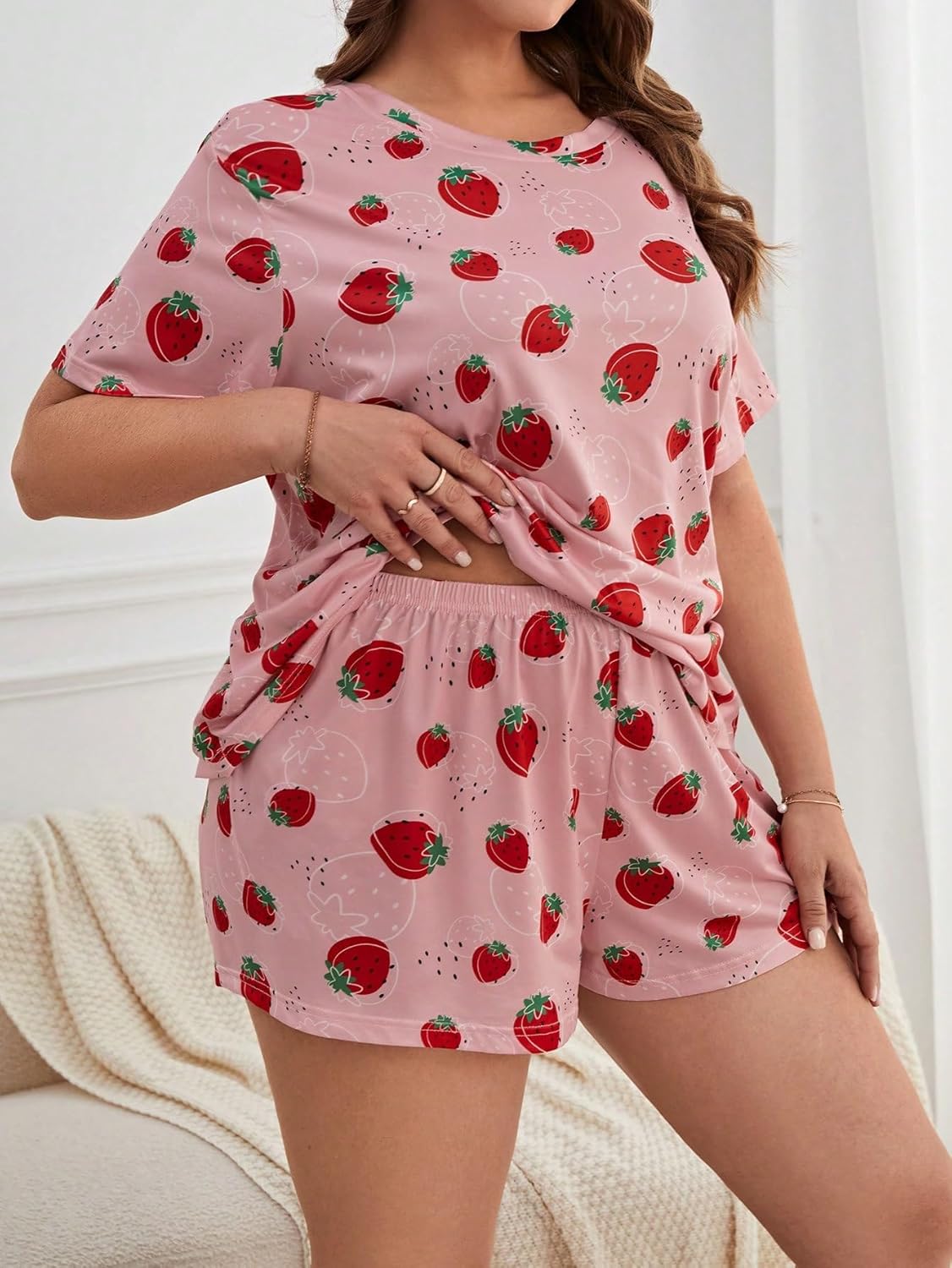 WDIRARA Women's Plus Size 2 Piece Pajama Set Cartoon Print Round Neck Short Sleeve Tee with Shorts - Image 4