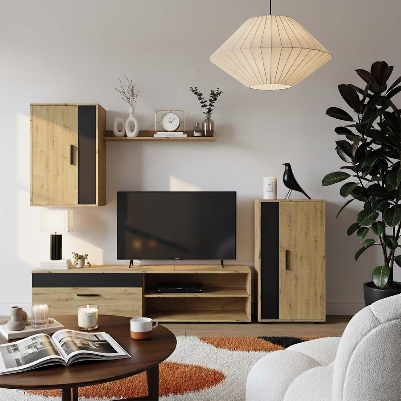 duehome | Mueble de Salón, Composición Modular de TV, Modelo: Lunet 190, Acabado en Alpino y Negro, Medidas: 140 cm (Largo) x 35 cm (Fondo) x 36,2 cm (Alto)