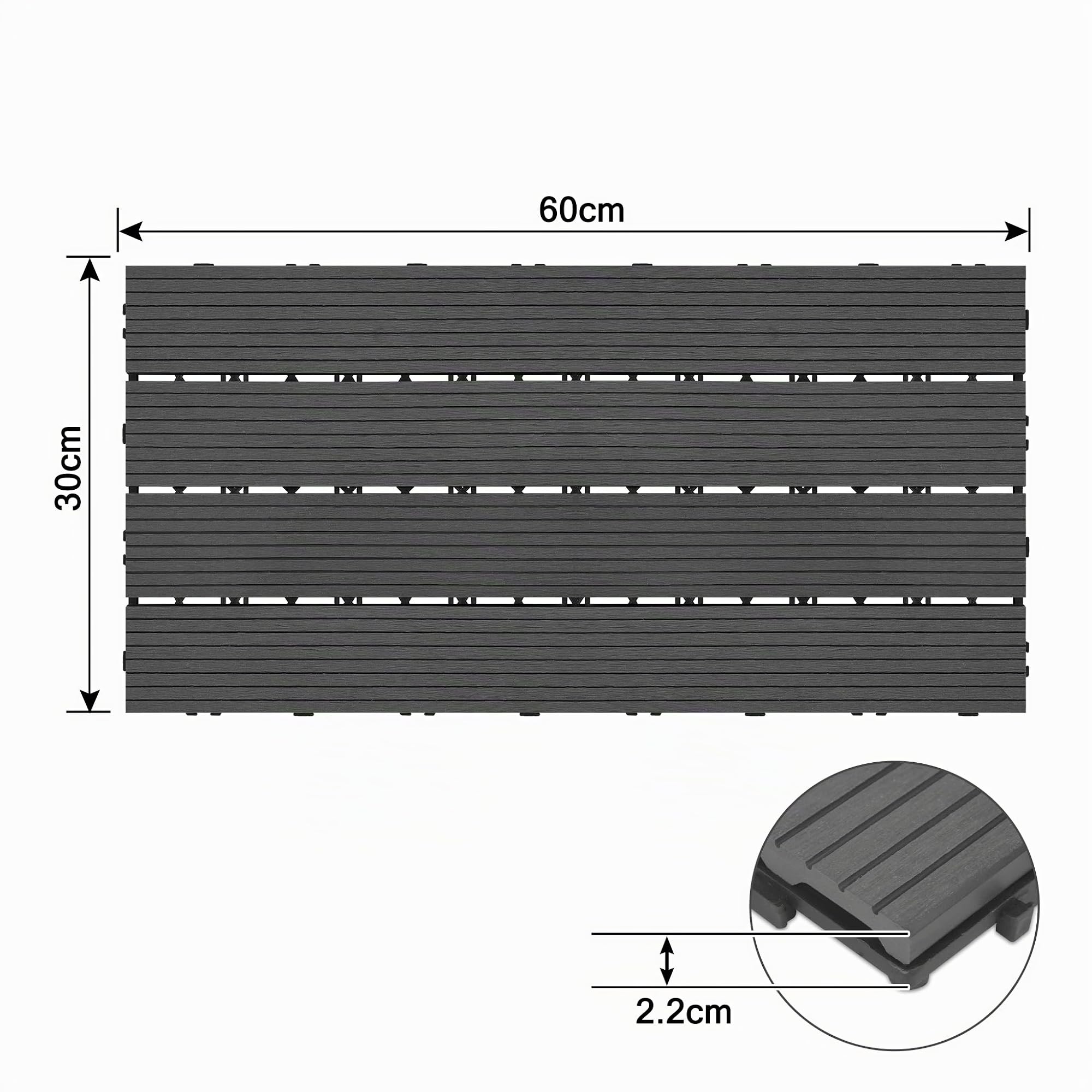 WPC - Piastrelle per terrazze, 60 x 30 cm, effetto legno, con rete di drenaggio in plastica, resistente alle intemperie, set da 6 pezzi, per pavimenti da 1 m², per esterni, balcone, terrazza,