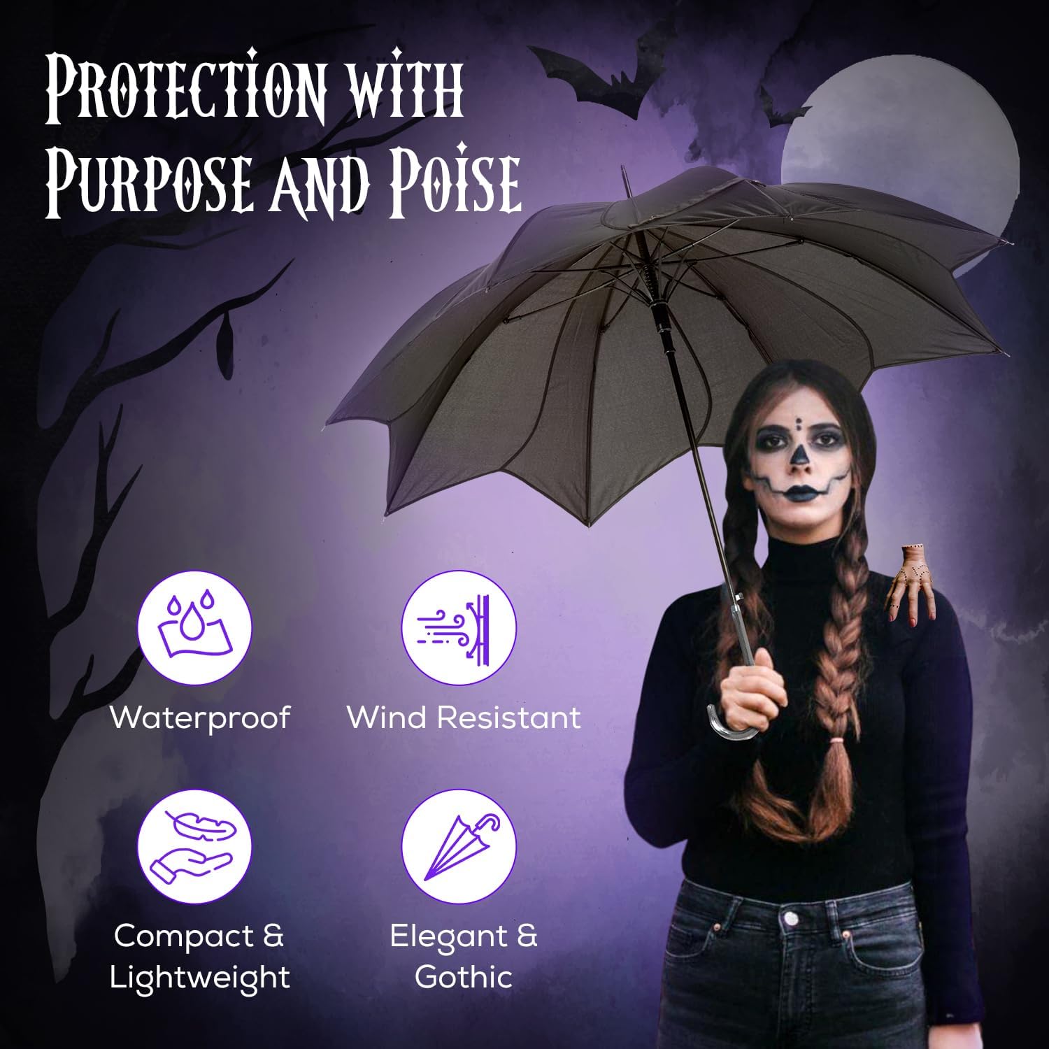 TAM Classic Black Umbrella, Auto-Open with J Handle for Timeless Style and Everyday Use