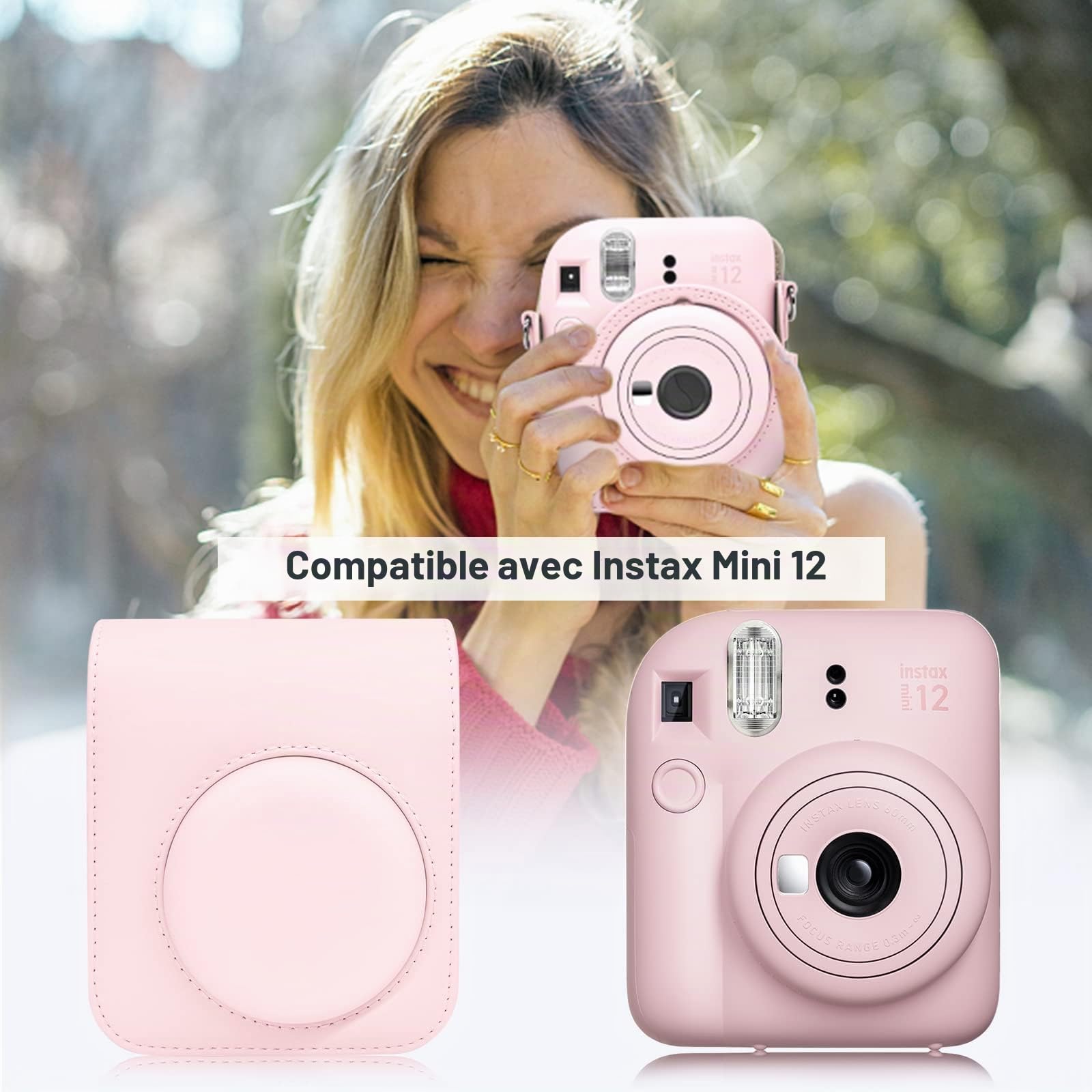 MUZIRI KINOKOO Housse Instax Mini 12 - Cuir PU Étui de Protection pour Fuji Instax Mini 12 Appareil Photo - avec Pochette Photo Stocker des Films ou Photos - Bandoulière Réglable - Rose
