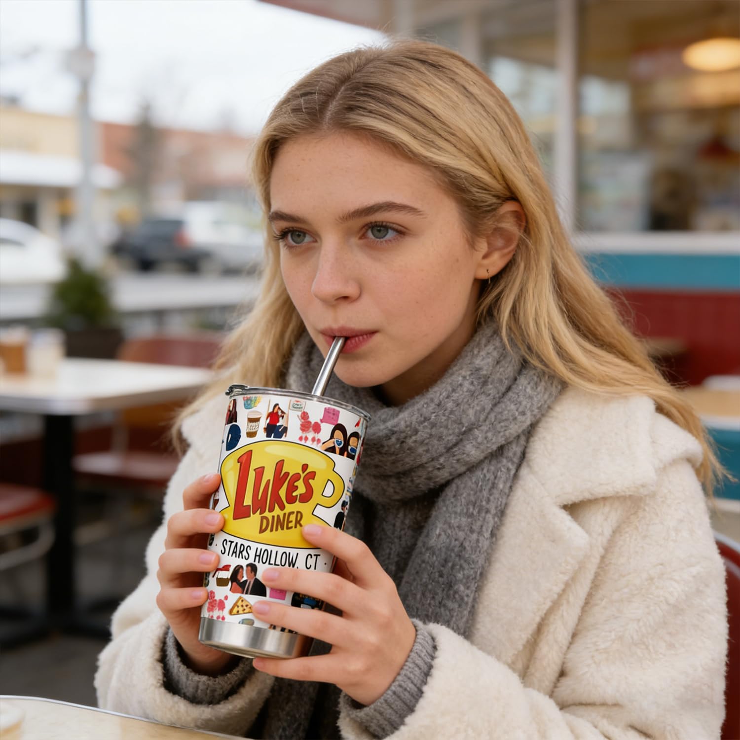 Onperpoe Bicchiere da caffè ispirato a Gilmore, tazza da caffè da viaggio ispirata a Luke's Diner, con cannuccia e coperchio, in acciaio inox, isolante, regalo per ragazze e fan, 590 ml