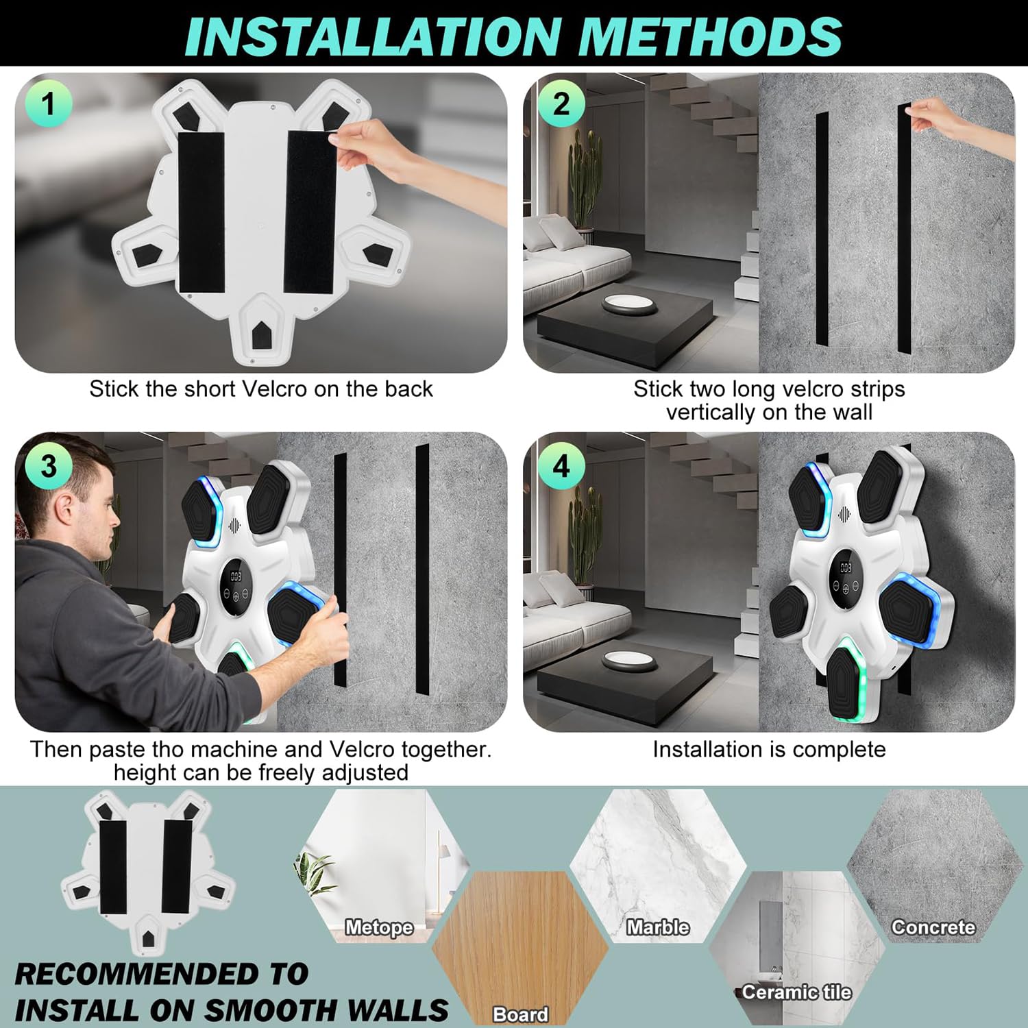 Music Boxe, Punzonatrice da parete con connessione Bluetooth, velocità a 9 livelli e regolazione in 4 modalità, boxe interattiva per bambini e adulti