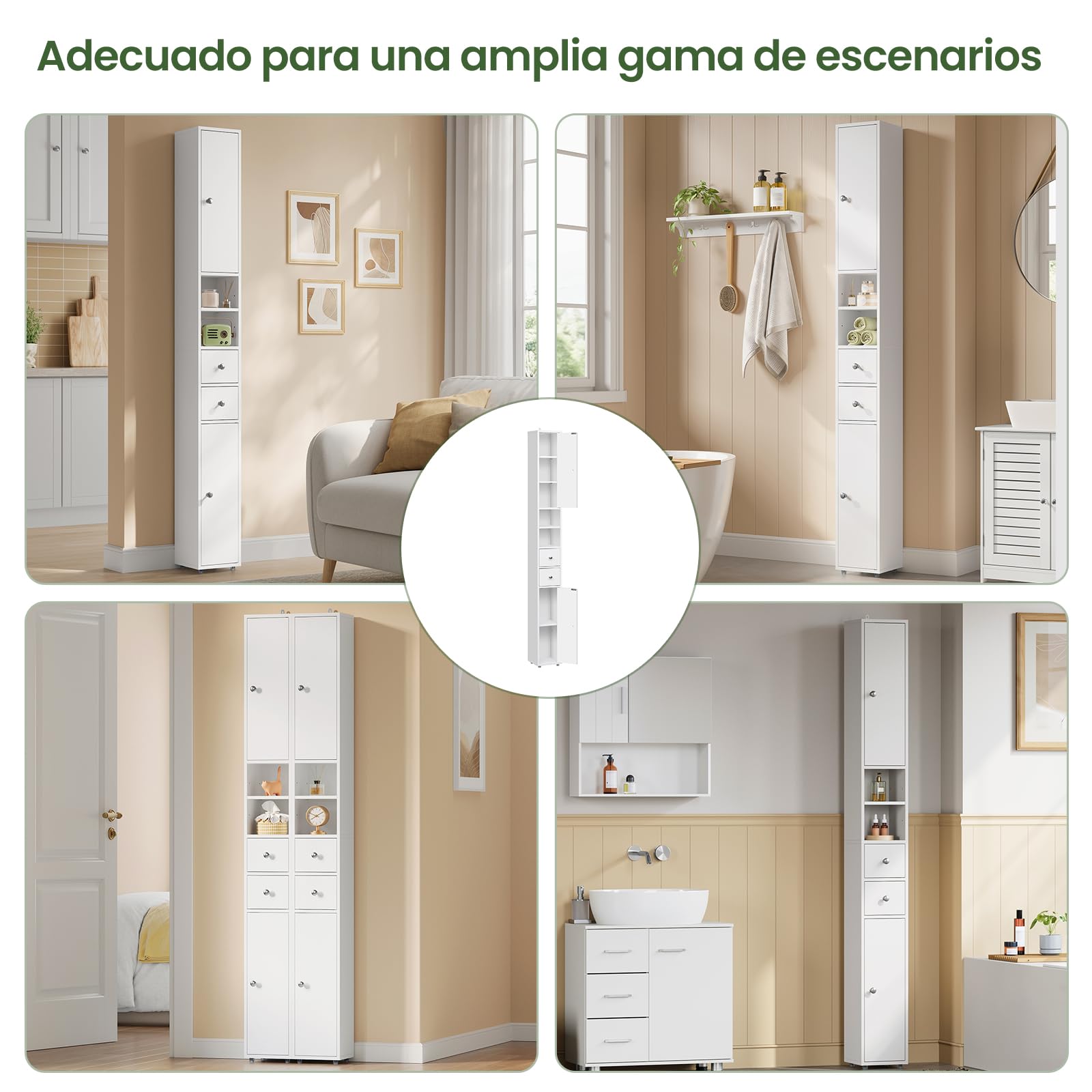 EUGAD Mueble Baño Estrecho, Armario Alto, con Estantes Regulables en Altura, 20x20x180 cm, Columna Baño Auxiliar 2 Cajones y 2 Estantes Abietos, Blanco 0257WY